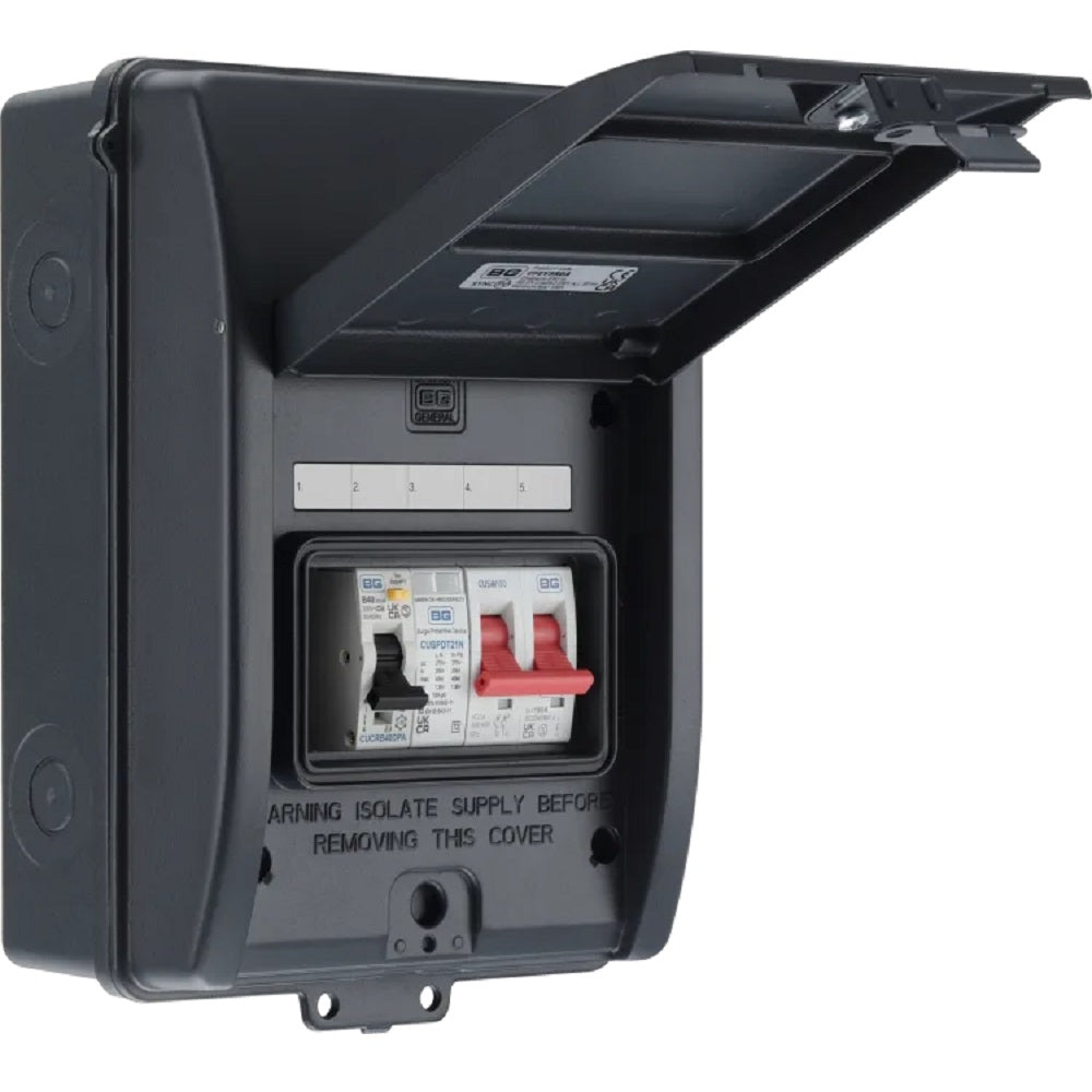 BG Fortress 5 Module Enclosure 100A Main Switch with 40A 30mA Double Pole RCBO Type 2 SPD + 1 Spare Way - Grey CFEV5RDA - Perfect for Residential & Commercial Electrical Distribution Panels