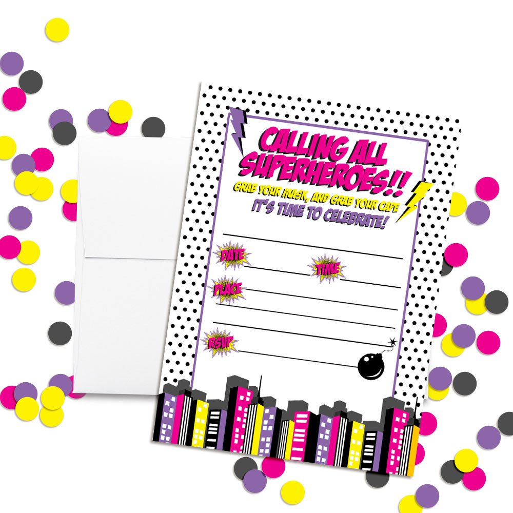 Super Hero Girl Birthday Party Invitations - 20 Pack 5x7 Fill-in Cards with Envelopes - Perfect for Superhero Themed Birthday Parties, Baby Showers & Kids Events