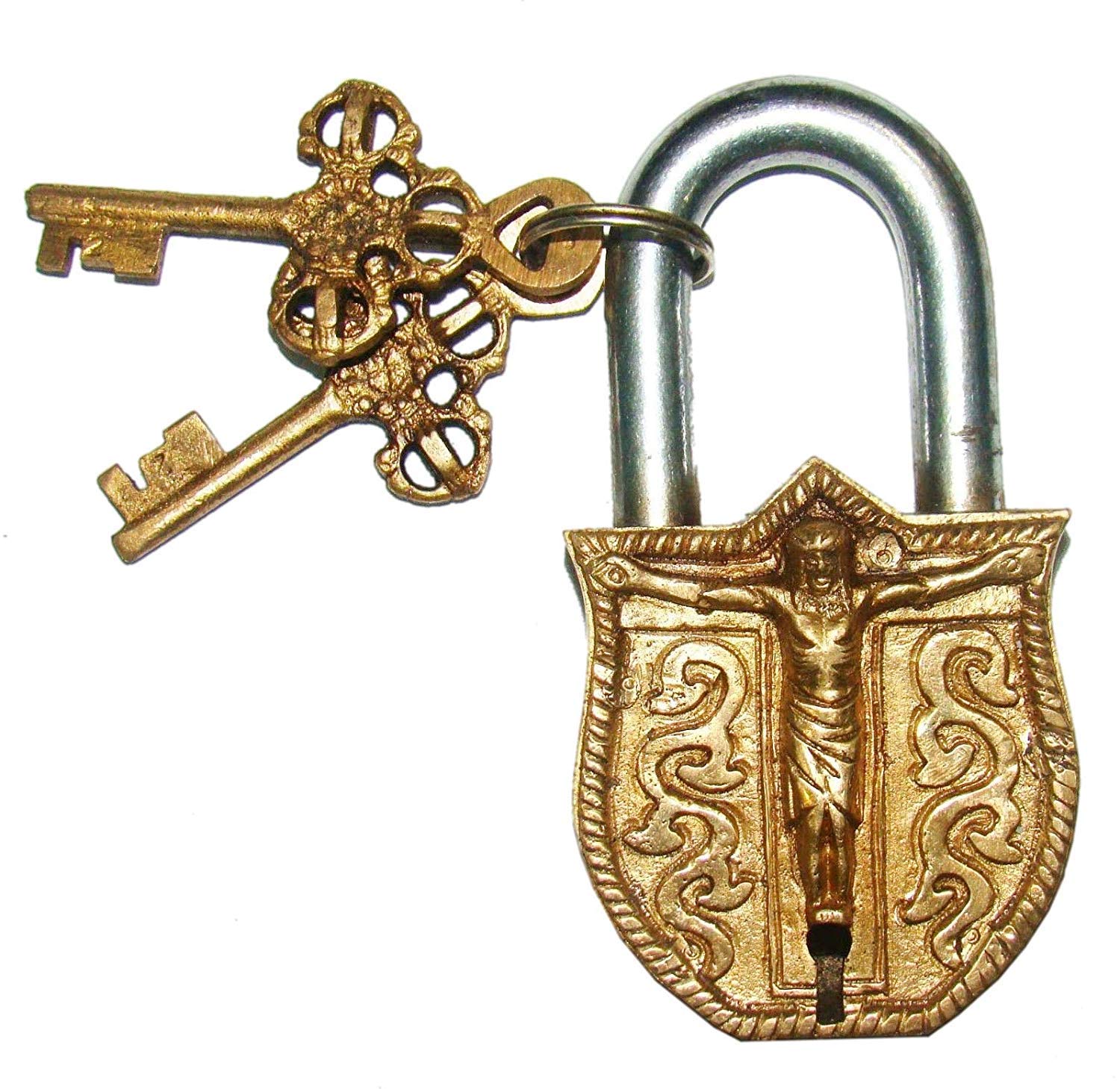 PARIJAT HANDICRAFT Brass Padlock with Crucifix Relief - Jesus Christ on The Cross Combination Security Lock - Vintage Style Home & Church Decoration, Gift for Religious Occasions