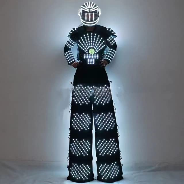LED Robot Suit Costume with Jacket & Helmet - Futuristic Light-Up Stilt Walker Outfit for Cosplay, Halloween, and Rave Parties