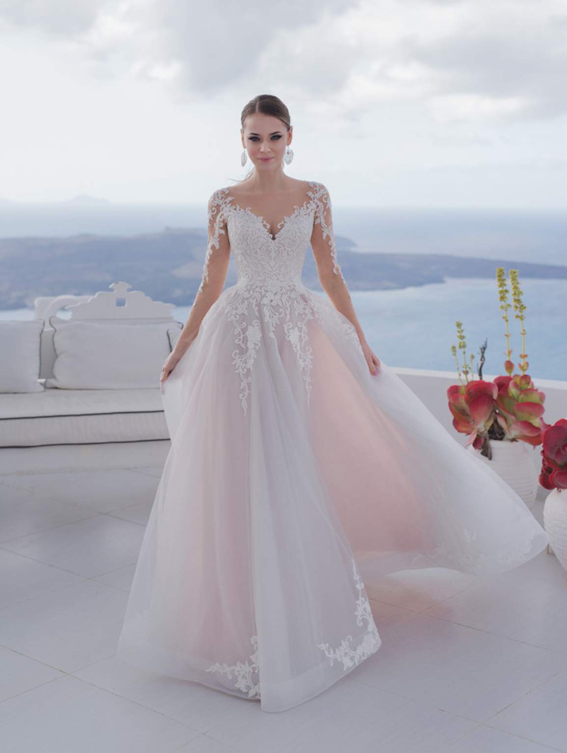 Ivory Wedding Dresses for Bride 2023 - Princess Ball Gown with Long Sleeves & Lace Details - Beach Bridal Gowns - Perfect for Beach Weddings, Vow Renewals & Romantic Photoshoots