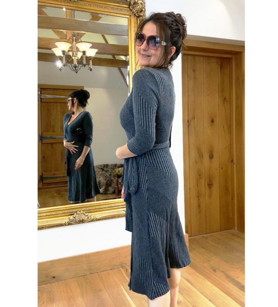 Blue Banana Women's Ribbed Knit Wrap Dress - 3/4 Sleeve Knee-Length Stretch Dress for Casual Wear, Office & Date Night | Summer & Fall Fashion