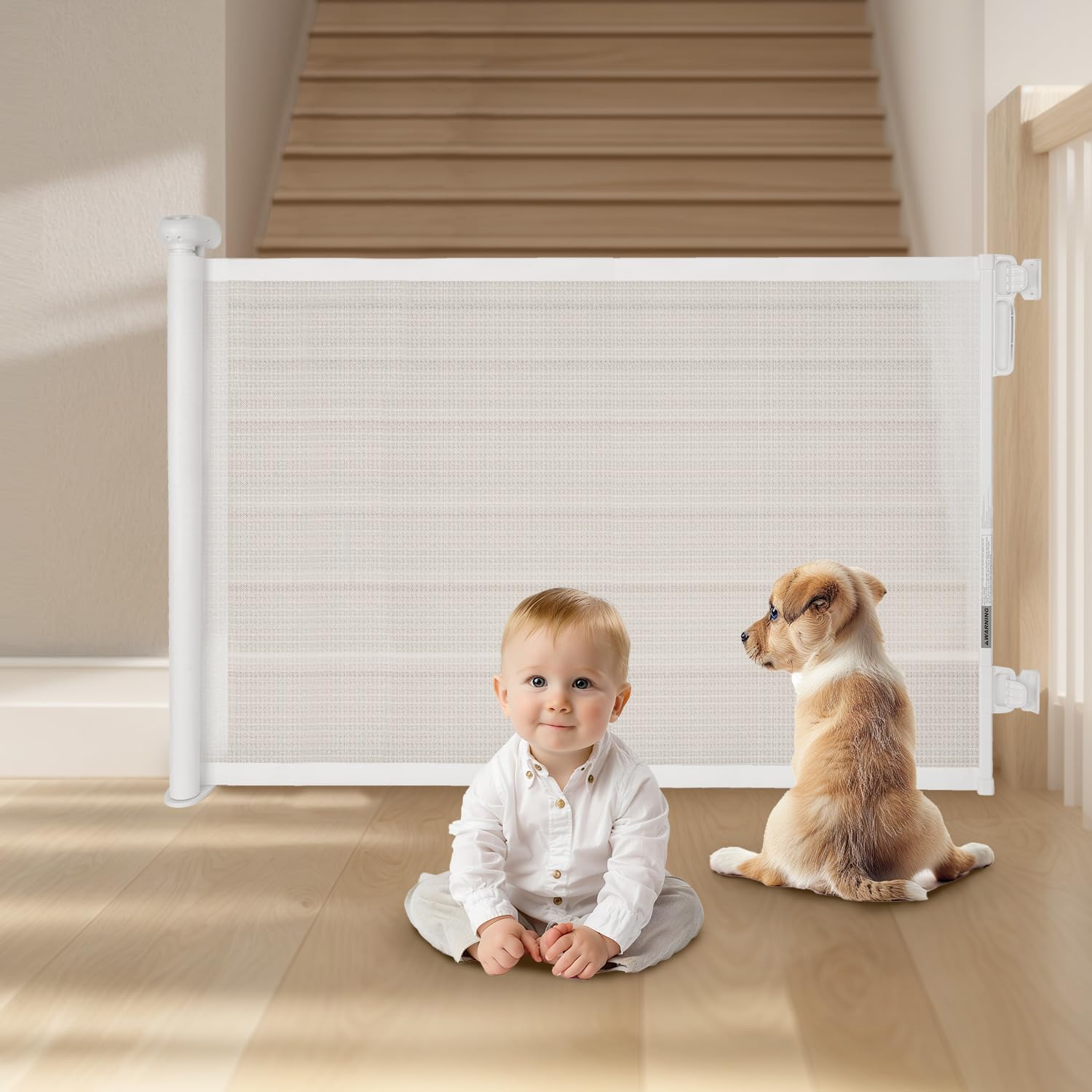 Newnice 55 Inch Extra Wide Retractable Baby & Dog Gate for Large Openings - Indoor/Outdoor Safety Barrier for Stairs, Doorways, Hallways - White | Perfect for Homes with Pets & Toddlers (Baby Proofing & Pet Containment Solution)