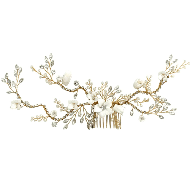 Elegant Gold Floral Hair Comb with Crystals and Pearls - A6073 Bridal Hair Accessory for Weddings, Prom & Special Occasions