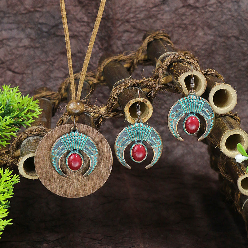 Vintage Turquoise Inlaid Crescent Earrings and Bohemian Ethnic Necklace Set – Perfect for Boho Chic Outfits, Festivals, and Layered Jewelry Looks