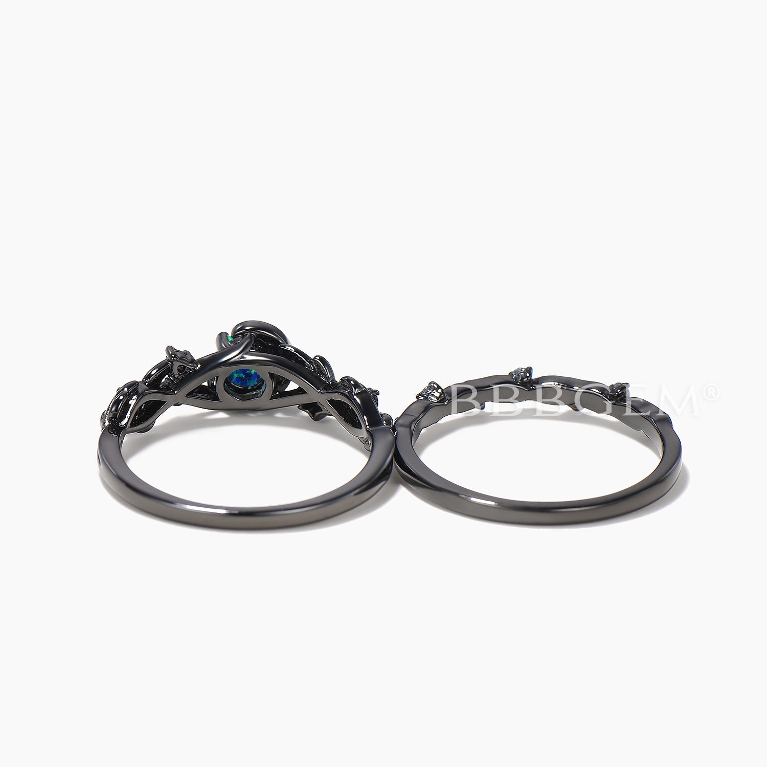 Black Opal & Alexandrite Moon Wedding Ring Set - 14K Black Gold Twisted Band for Women - Perfect for Engagement, Anniversary & Romantic Occasions