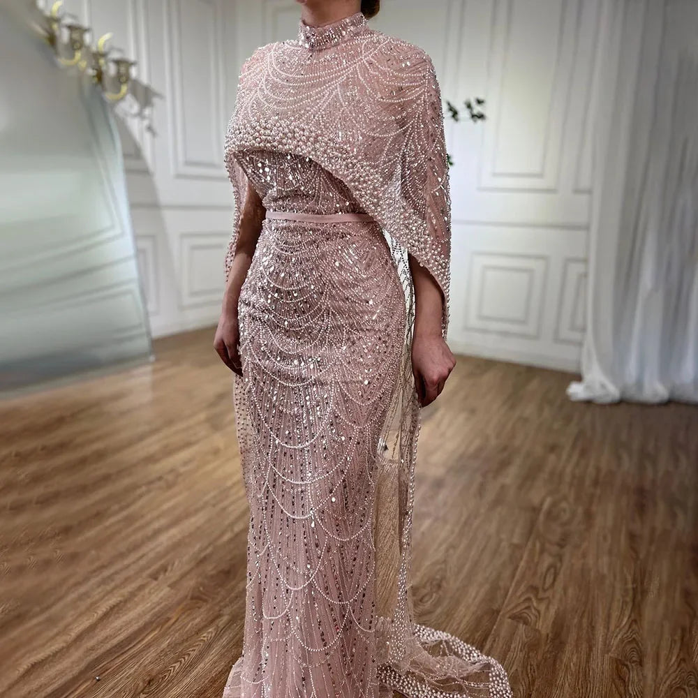 Elegant Green Pearl Evening Gown with Detachable Cape - LA72032 | Luxury Designer Dress for Prom, Gala & Formal Events