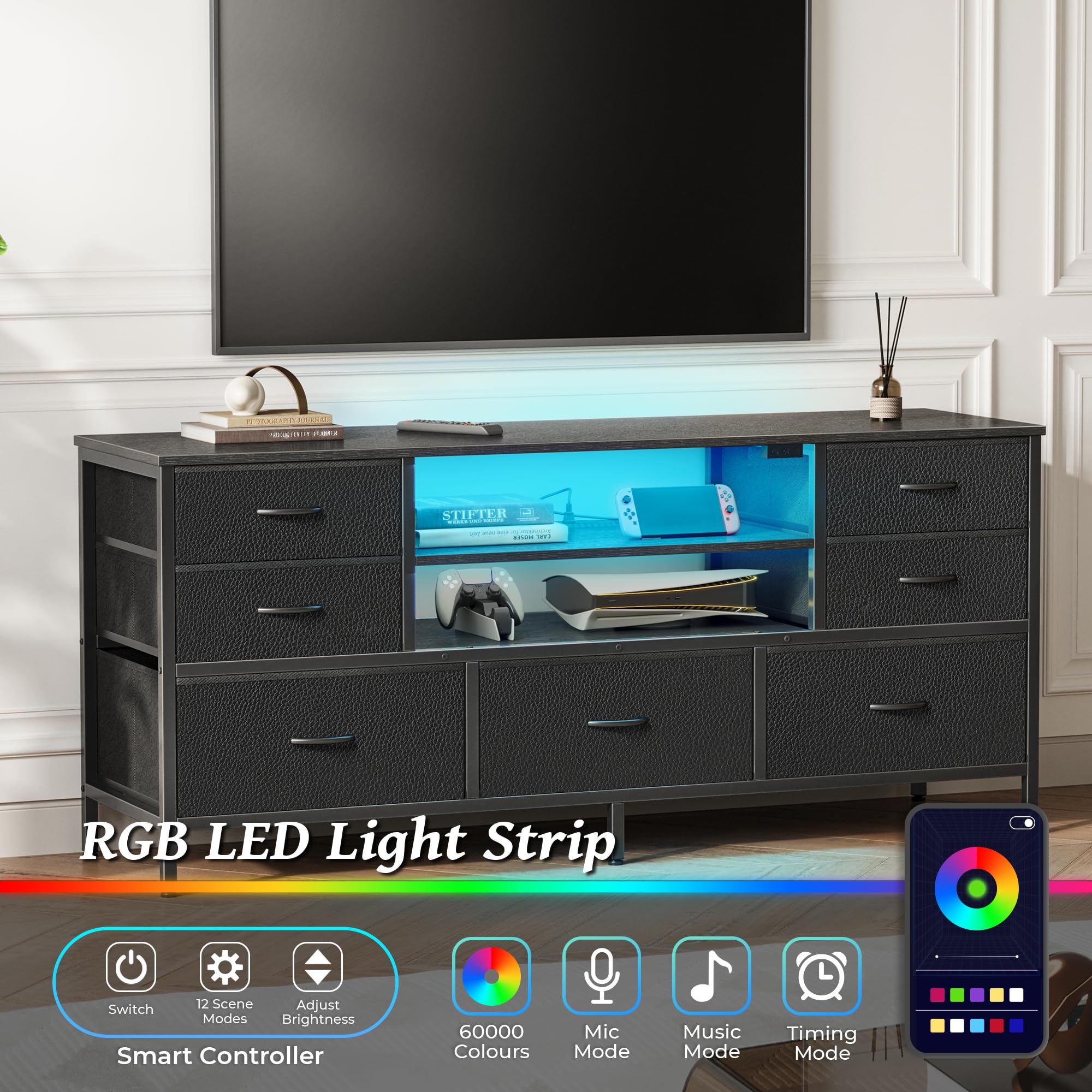 7-Drawer TV Stand Dresser with Power Outlets & LED Lights - 55 Inch TV Console for Bedroom & Living Room