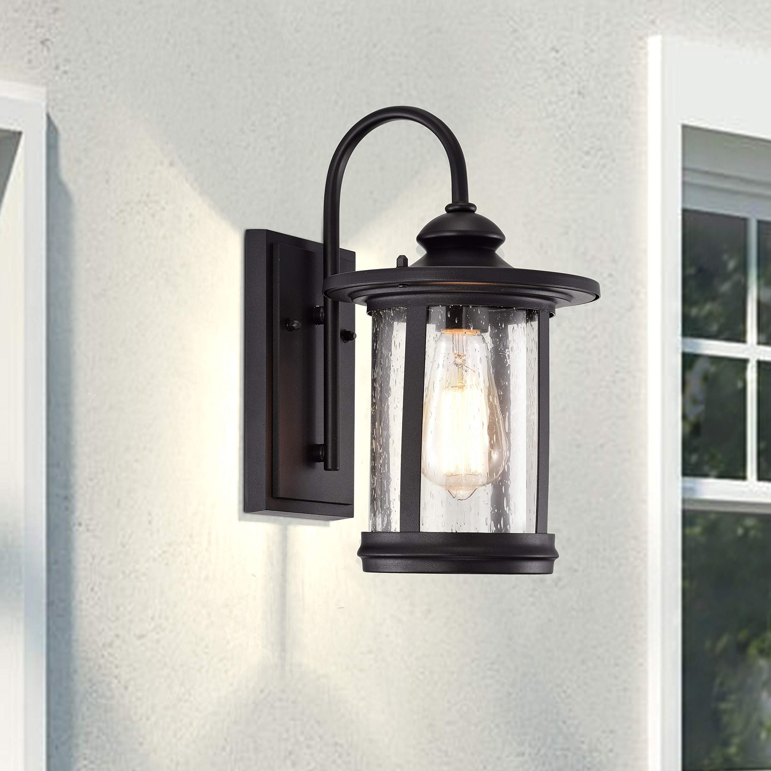 Textured Black Outdoor Wall Sconce - 1 Light Transitional Fixture, 12