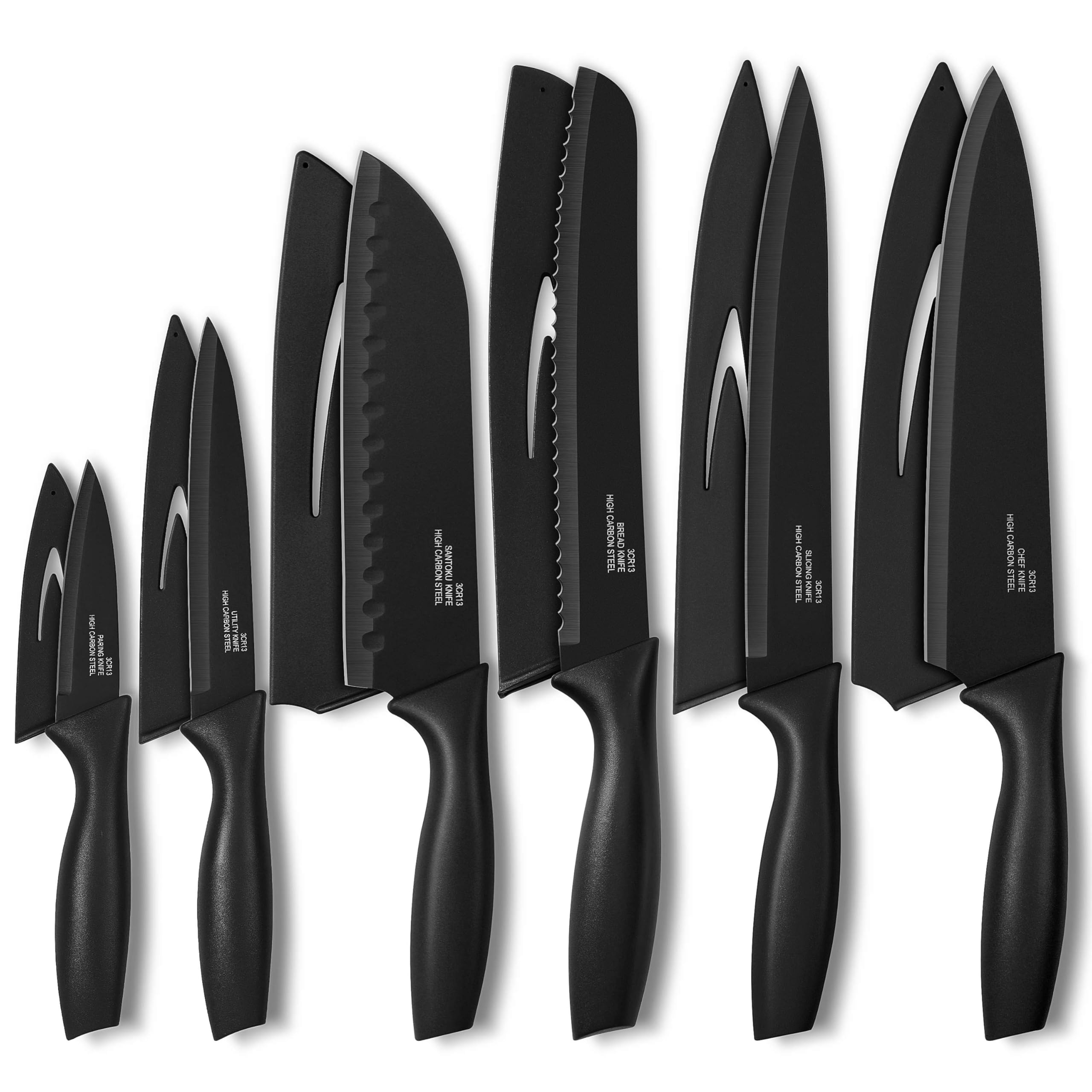 Premium 12-Piece Black Stainless Steel Kitchen Knife Set - Ultra Sharp Blades with Protective Covers for Cooking, Slicing & Food Prep | Perfect for Home Chefs & Professional Kitchens