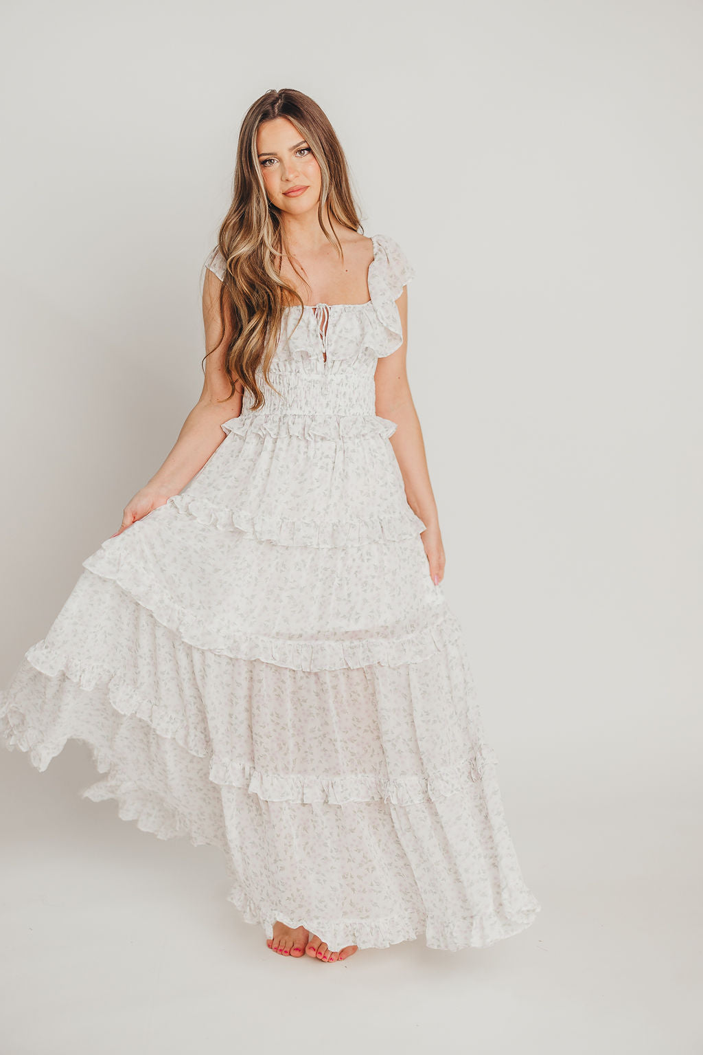 Astrid Ruffle Detail Maxi Dress - Lavender Floral Maternity Dress for Bump Friendly Comfort | Perfect for Baby Showers, Summer Weddings & Beach Vacations