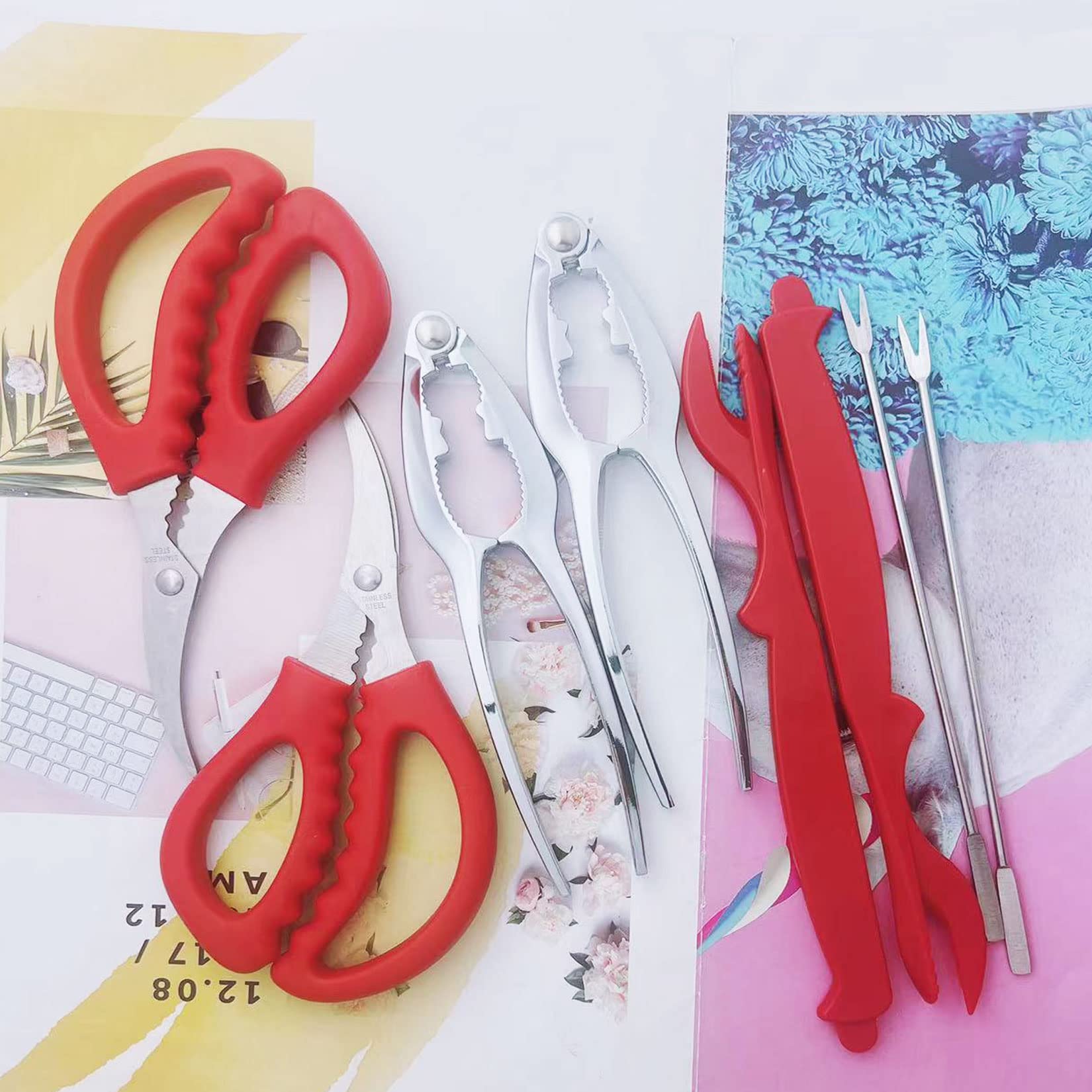 Premium Seafood Cracker & Sheller Set - 8-Piece Lobster & Crab Crackers with Forks (Red) - Perfect for Seafood Lovers, Dinner Parties & Beach Picnics