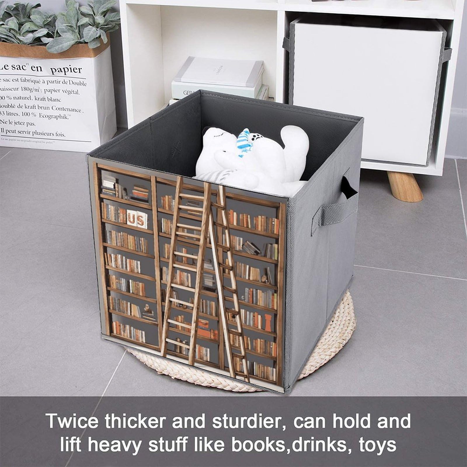 Funny Printed Storage Baskets & Bins 2-Pack - Decorative Book Shelf & Ladder Design Home Organization Containers for Bedroom, Bathroom, and Office Storage Solutions
