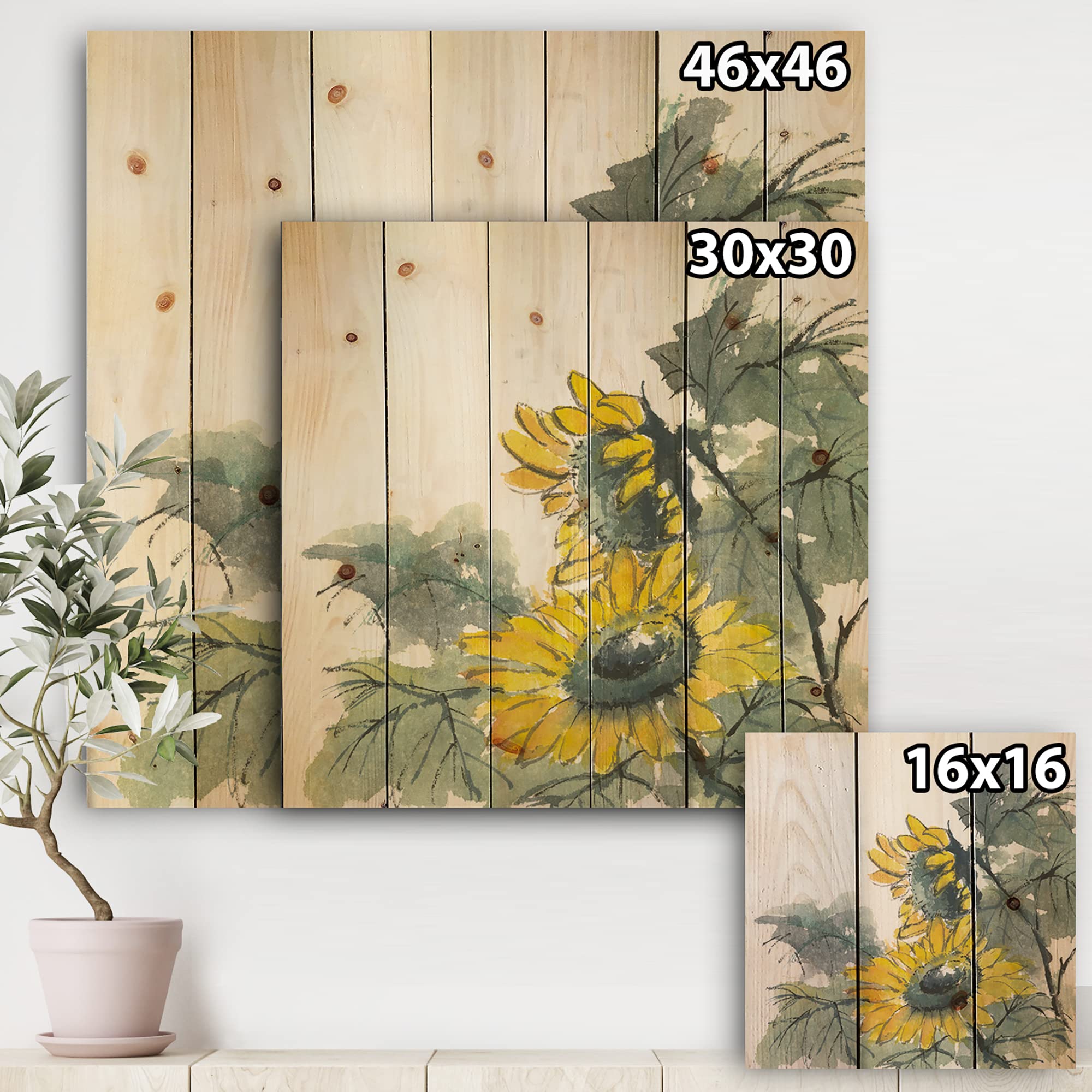 DesignQ Traditional Sunflower II Wood Wall Decor - Large Yellow Floral Wall Art Panel, Natural Pine Wood Print for Home & Office Decoration | Perfect for Living Room, Bedroom, or Entryway