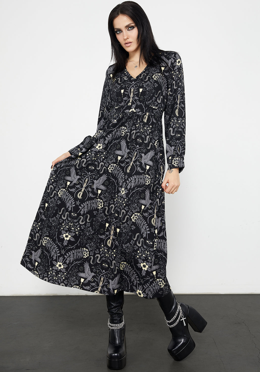 Hecate's Garden Women's Long Sleeve Midi Dress - Elegant Floral Print Casual & Party Wear for Fall/Winter Season
