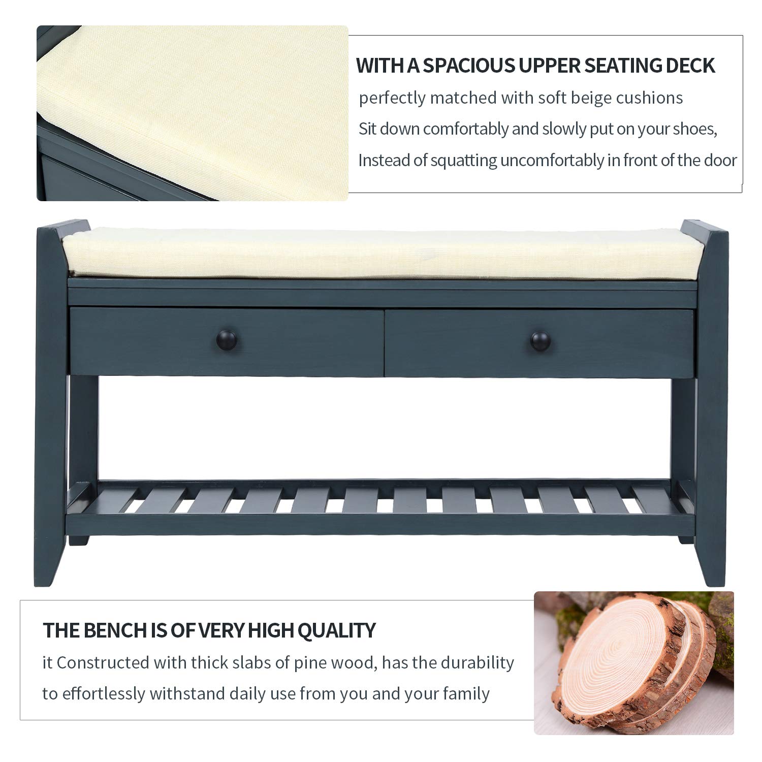 Danxee Shoe Storage Bench with Cushioned Seat - Entryway Organizer with 2 Drawers & Shelves - Antique Navy - Perfect for Bedroom, Hallway, or Mudroom Organization