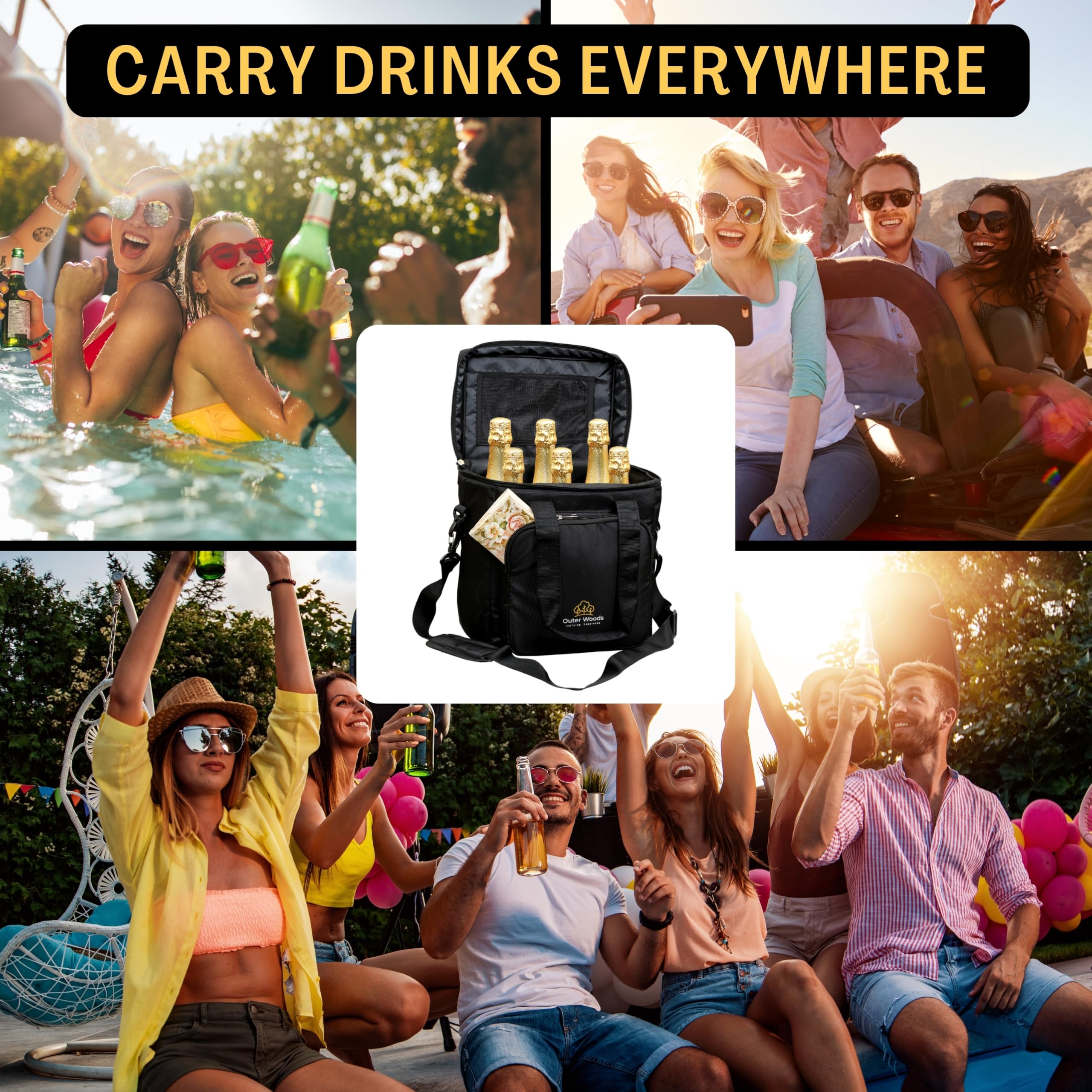Outer Woods Insulated 6 Bottle Wine Cooler Bag with 6 Ice Gel Packs - Black | Portable Beer & Beverage Cooler for Picnics, Camping & Outdoor Parties | Fits 6 Full Size Bottles