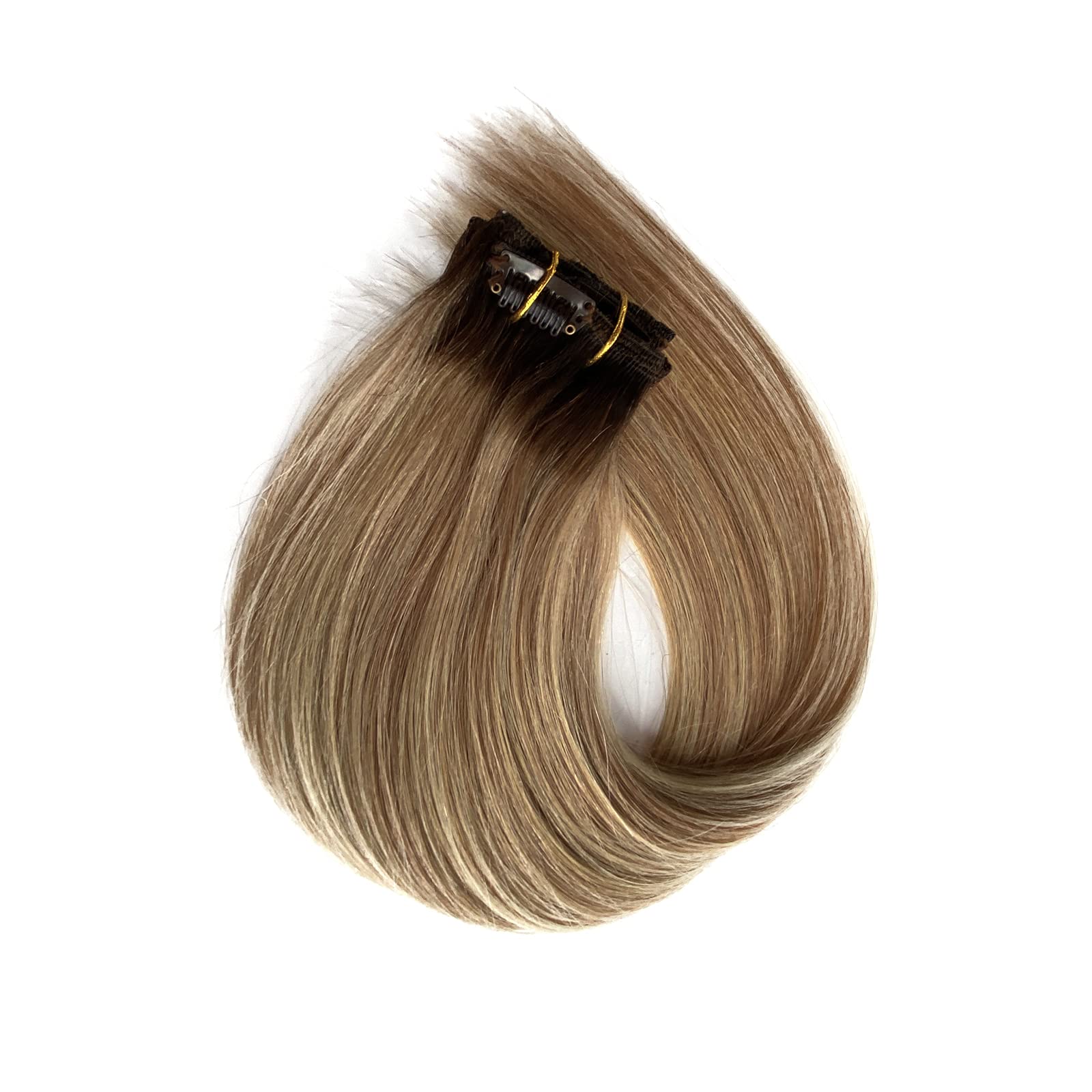 Chocolate Brown to Golden Brown Clip in Hair Extensions with Blonde Highlights - 7 Pcs 70G Remy Human Hair Double Weft Straight Extensions for Women - 20