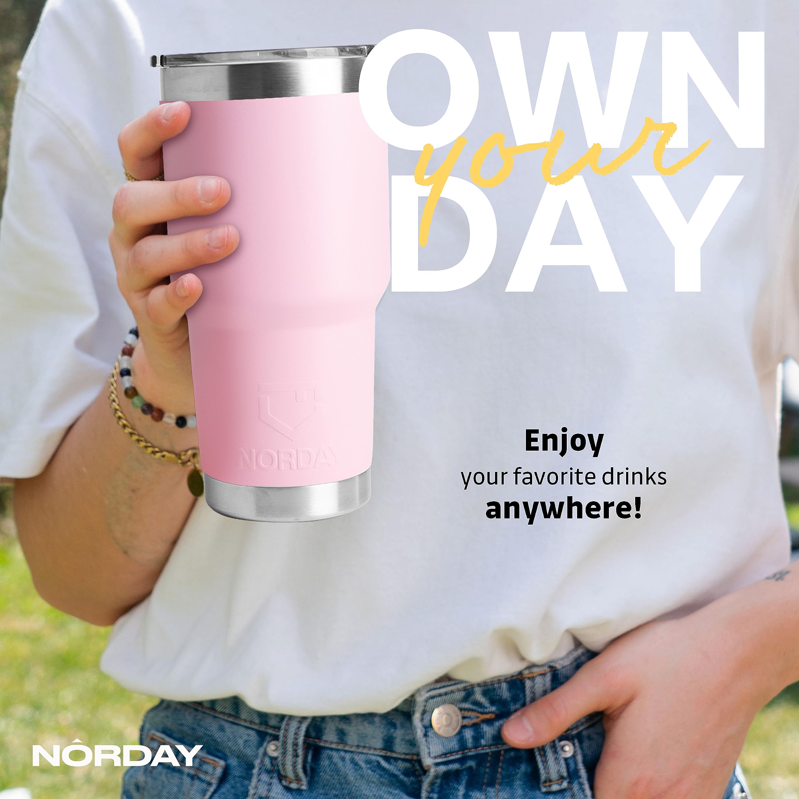 NORDAY 30oz Insulated Stainless Steel Tumbler with Lid - Double Wall Vacuum Travel Coffee Mug - Keeps Hot/Cold for 24 Hours - Light Pink - Leakproof Spill Resistant Design - Perfect for Car Cup Holder, Office, Gym & Outdoor Activities