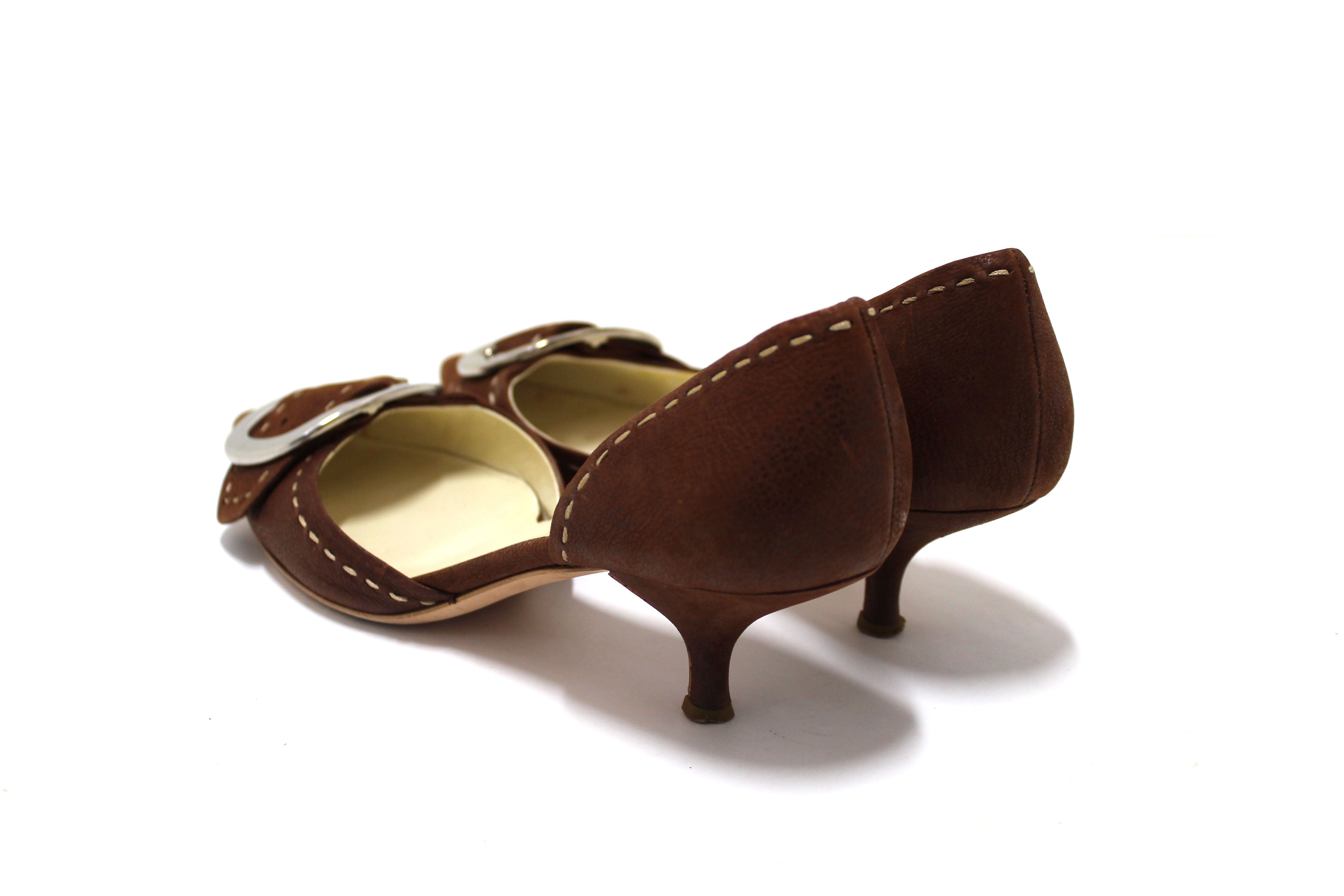 Authentic Prada Brown Suede Buckle Kitten Heels Women's Size 36.5 | Luxury Designer Shoes for Office, Party & Special Occasions