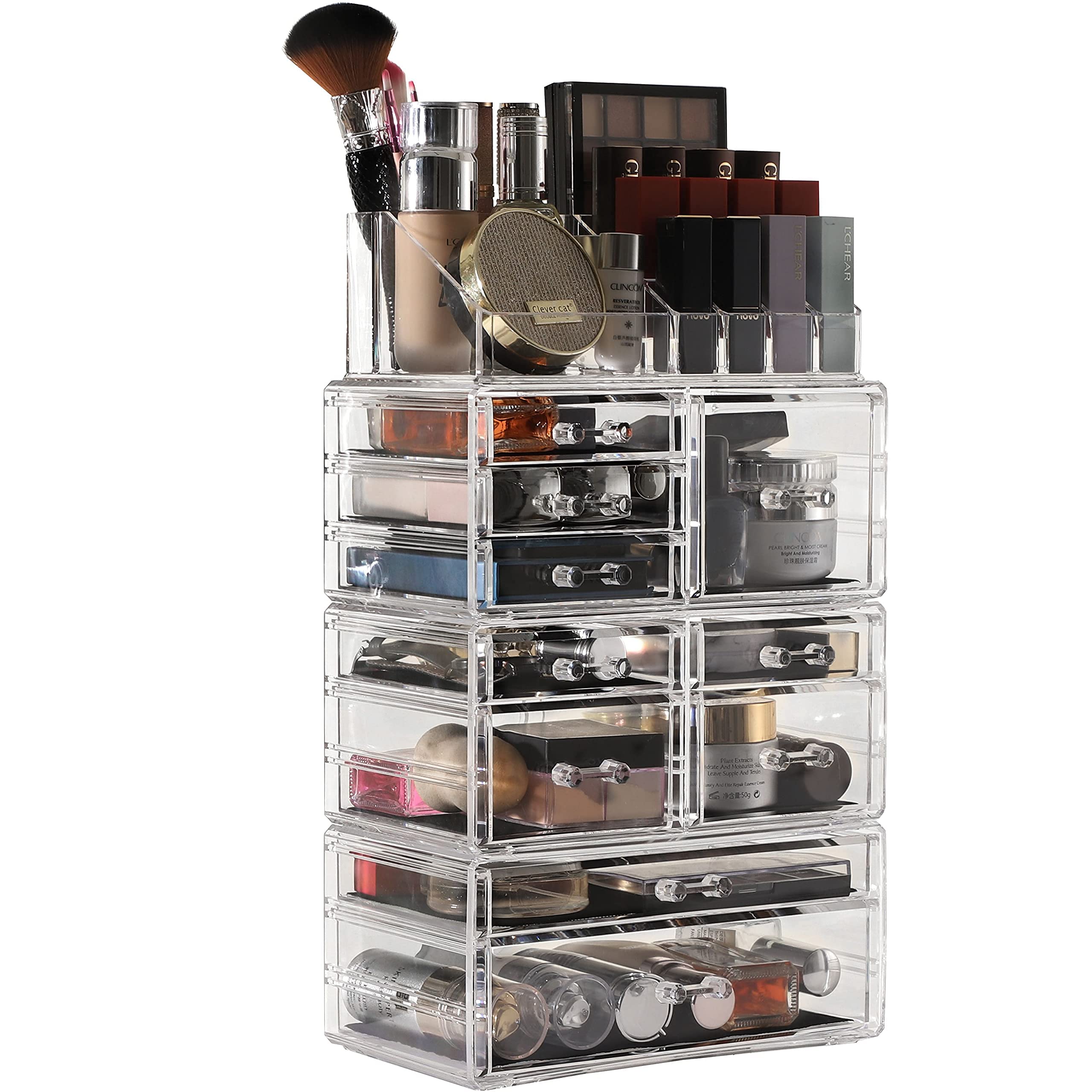 4-Pack Clear Acrylic Makeup Organizer with 10 Stackable Drawers - Countertop Vanity Storage for Jewelry, Hair Clips & Beauty Products - Perfect for Dresser, Desk & Bathroom Organization