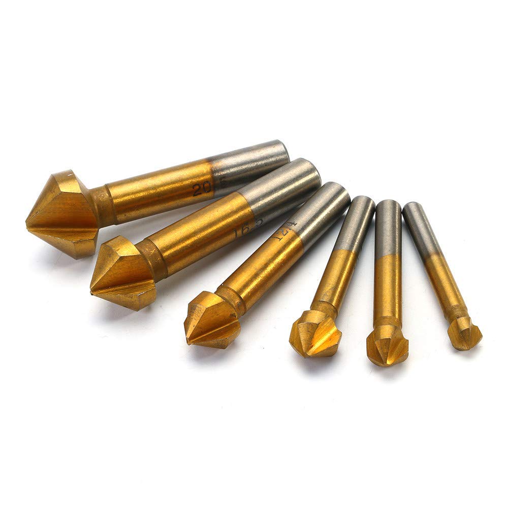 6-Piece Titanium 3 Flute 90 Degree Chamfer End Mill Cutter Set - Countersink Drill Bits for Metal, Wood & Plastic - Perfect for CNC Milling, DIY Projects & Professional Machining