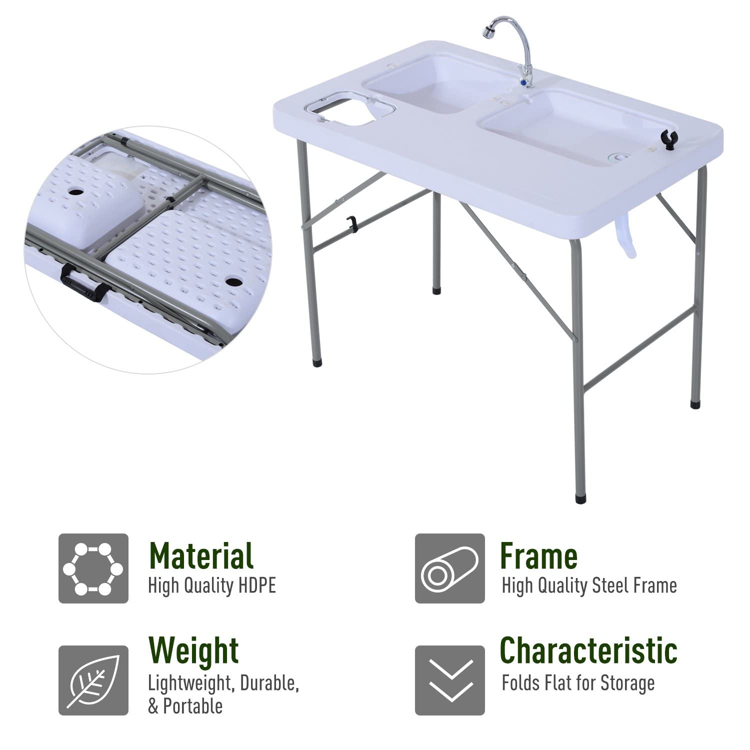 Foldable Camping Table with Removable Sink Covers - Portable Fish Cleaning Station, White Finish, Easy Assembly for Outdoor Cooking, Picnics & RV Trips