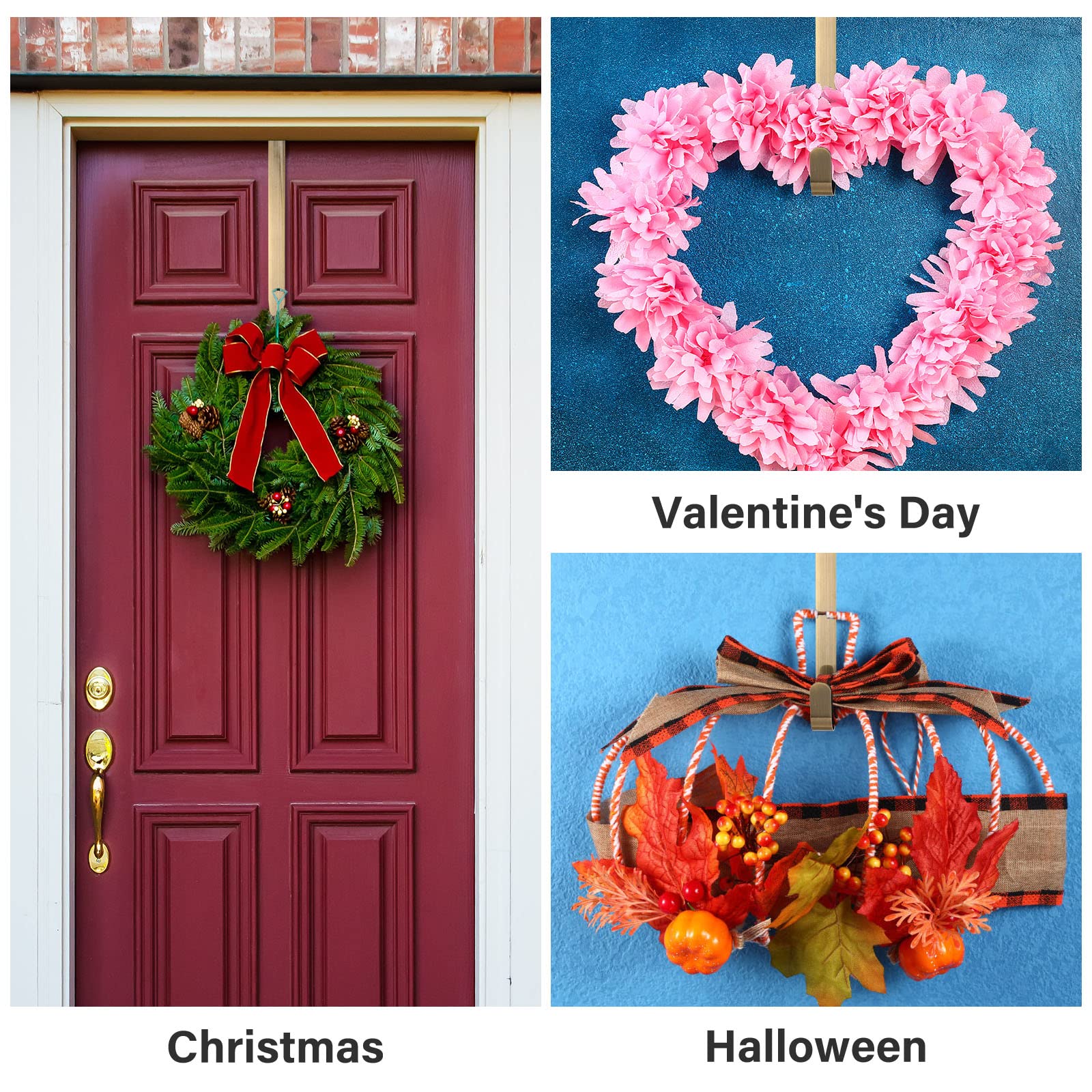 Zhehao 3-Piece Christmas Wreath Hangers - 14 Inch Over The Door Metal Hooks in Antique Bronze | Holiday Door Decor for Christmas, Thanksgiving & Seasonal Home Decoration