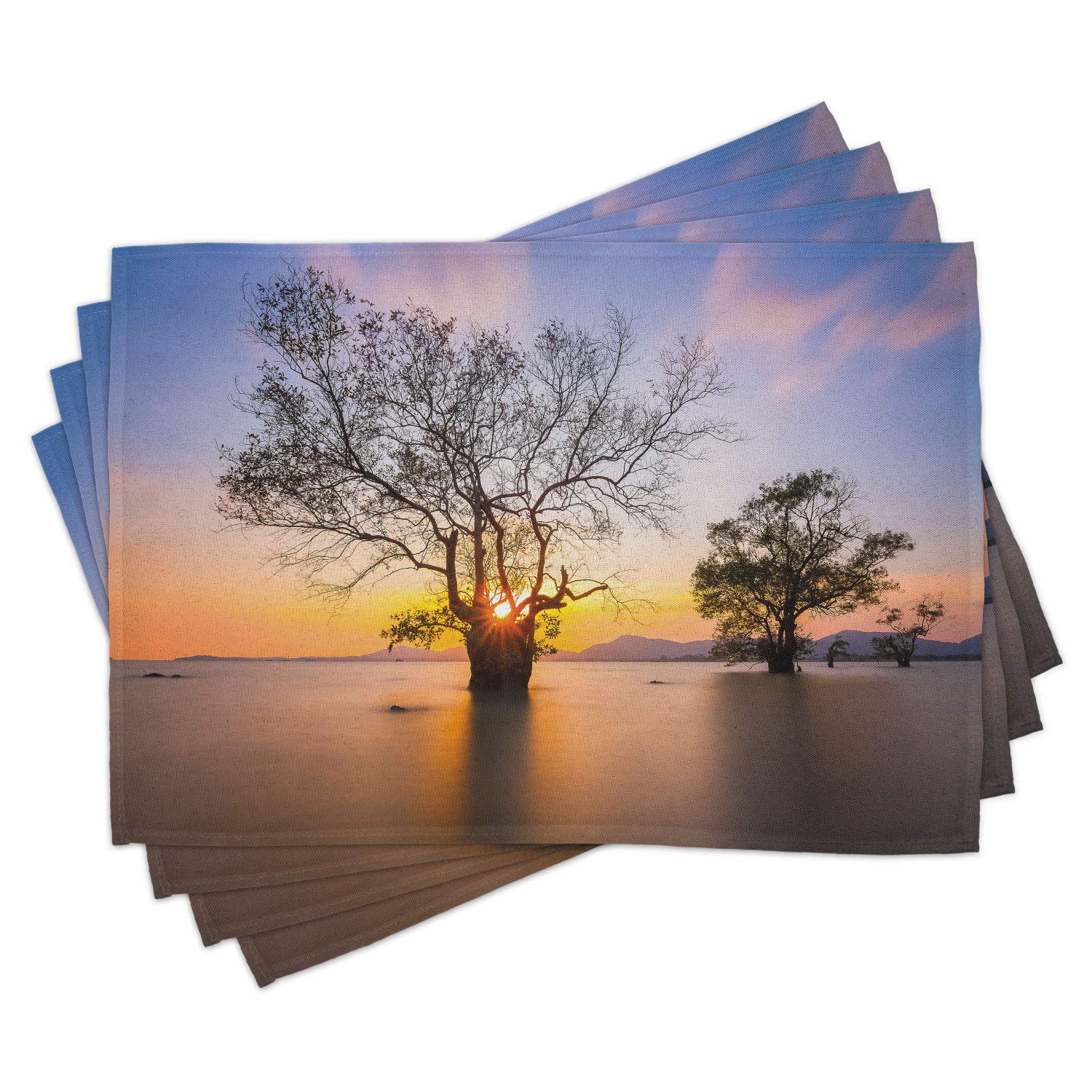 Ambesonne Coastal Place Mats Set of 4 - Sunrise Seascape with Autumn Trees Design, Washable Fabric Table Mats for Dining Room & Kitchen Decor in Blue & Yellow | Perfect for Beach-Themed Dinner Parties, Holiday Gatherings & Coastal Home Decor