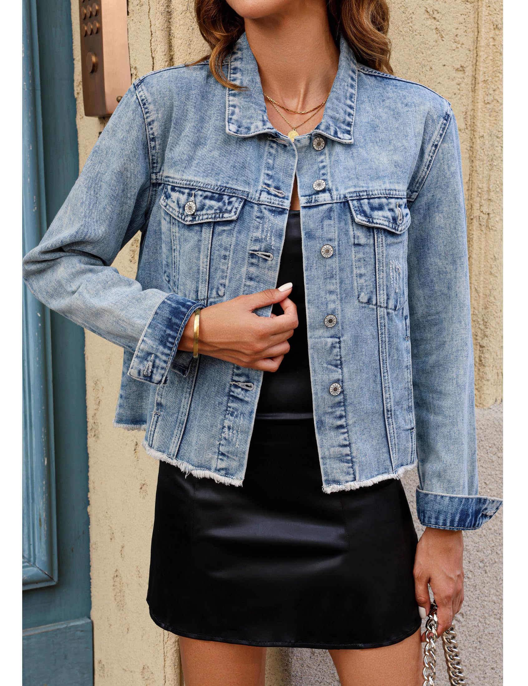 Vintage Distressed Denim Jacket for Women - Button Up Western Trucker Jacket with Frayed Hem & Pockets | Casual Outfit, Street Style, Fall Fashion