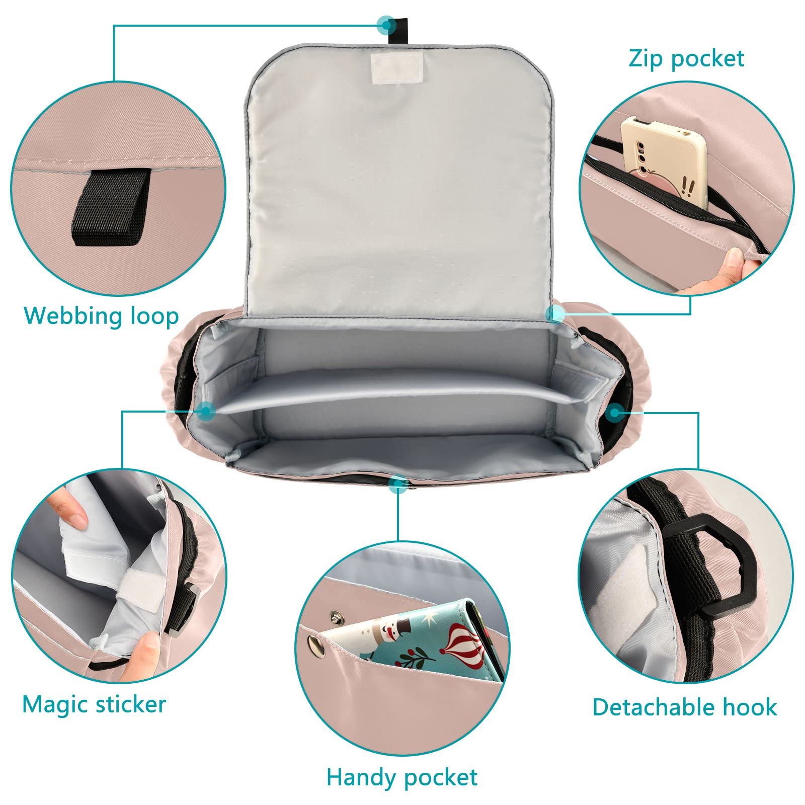 **Sinestour Custom Pink Universal Stroller Organizer with Cup Holder - Personalized Diaper & Toy Storage Bag for Phones, Keys - Fits All Baby Strollers - Perfect for Park Walks, Shopping & Travel**