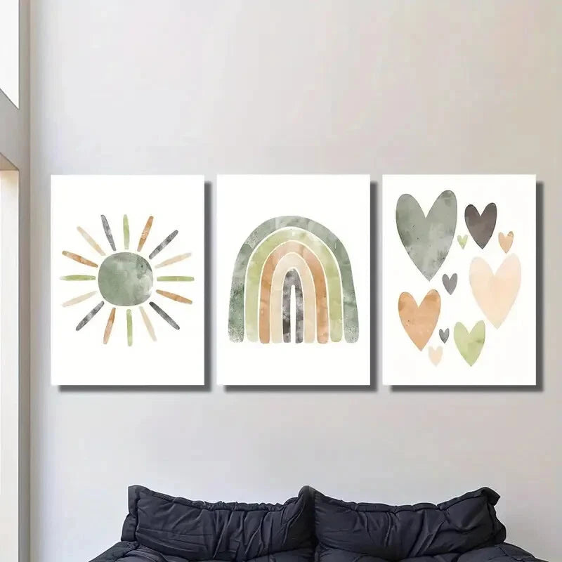 3-Piece Abstract Bohemian Neutral Sun Rainbow Metal Wall Art - Ready to Hang, Modern Home Decor for Living Room, Bedroom & Office