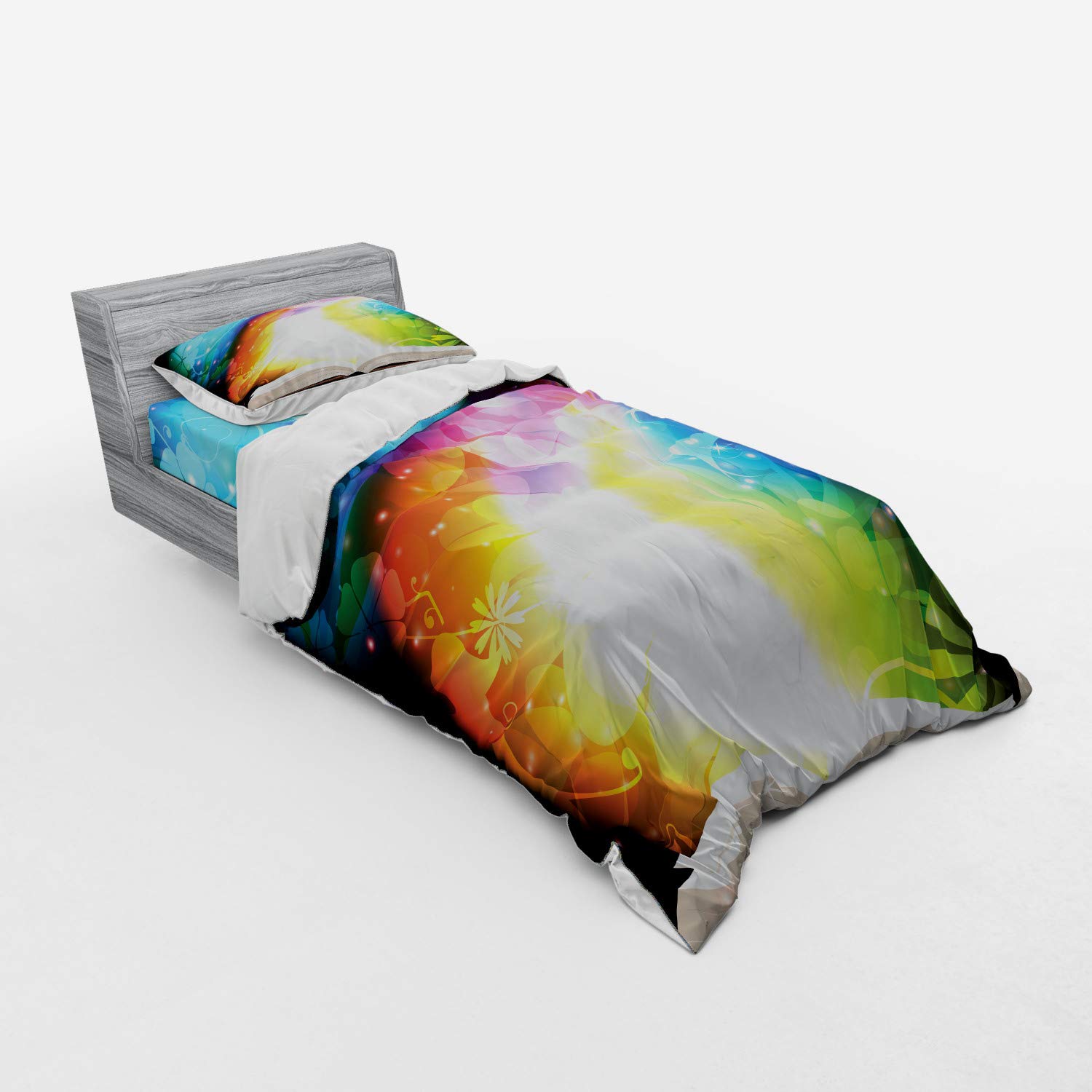 Ambesonne Psychedelic Open Book Duvet Cover Set - 3 Piece Twin Size Bedding with Sham & Fitted Sheet - Gradient Rainbow Floral Design - Perfect for Bohemian Bedrooms & College Dorm Decor