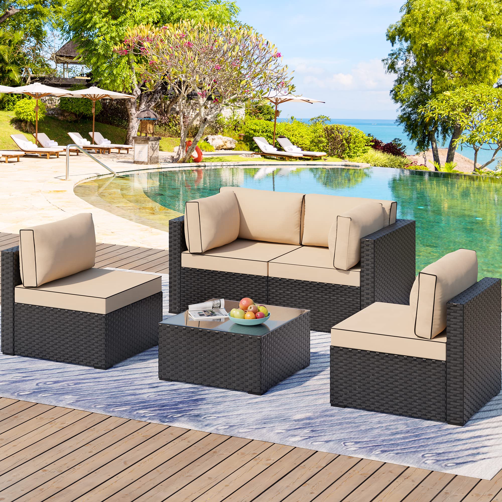 5-Piece All-Weather Outdoor Patio Furniture Set - Rattan Wicker Sectional Sofa with Glass Coffee Table & Cushions (Khaki) - Perfect for Backyard, Garden, Poolside & Patio Relaxation