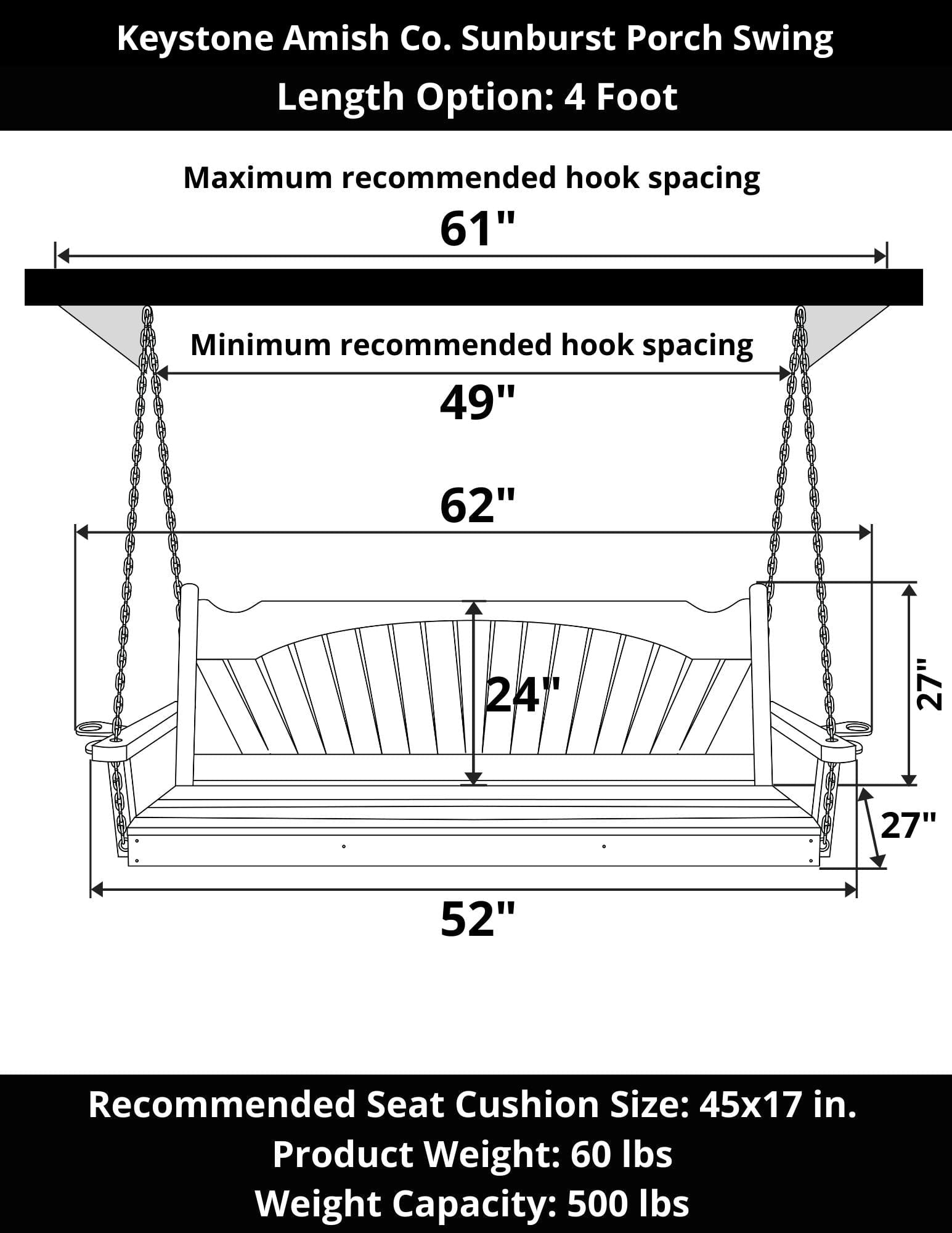 Keystone Amish Co. 4-Foot Sunburst Porch Swing in Caribbean Blue - Perfect for Outdoor Relaxation on Patios, Decks & Gardens