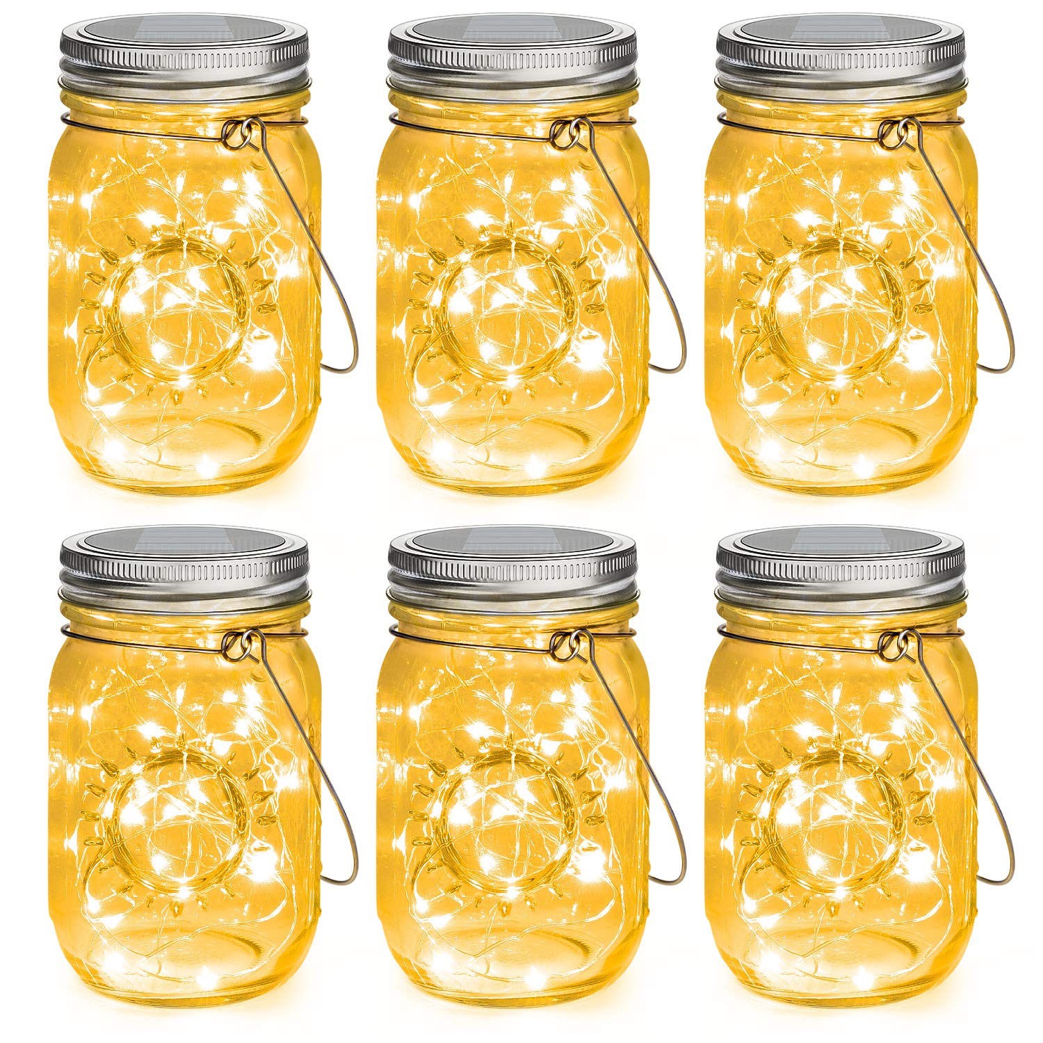 Mlambert 6 Pack Solar Mason Jar Lights - 30 LED Waterproof Hanging Outdoor Lights, Warm White Solar Lanterns for Patio, Garden, Yard, Pathway & Backyard Decor