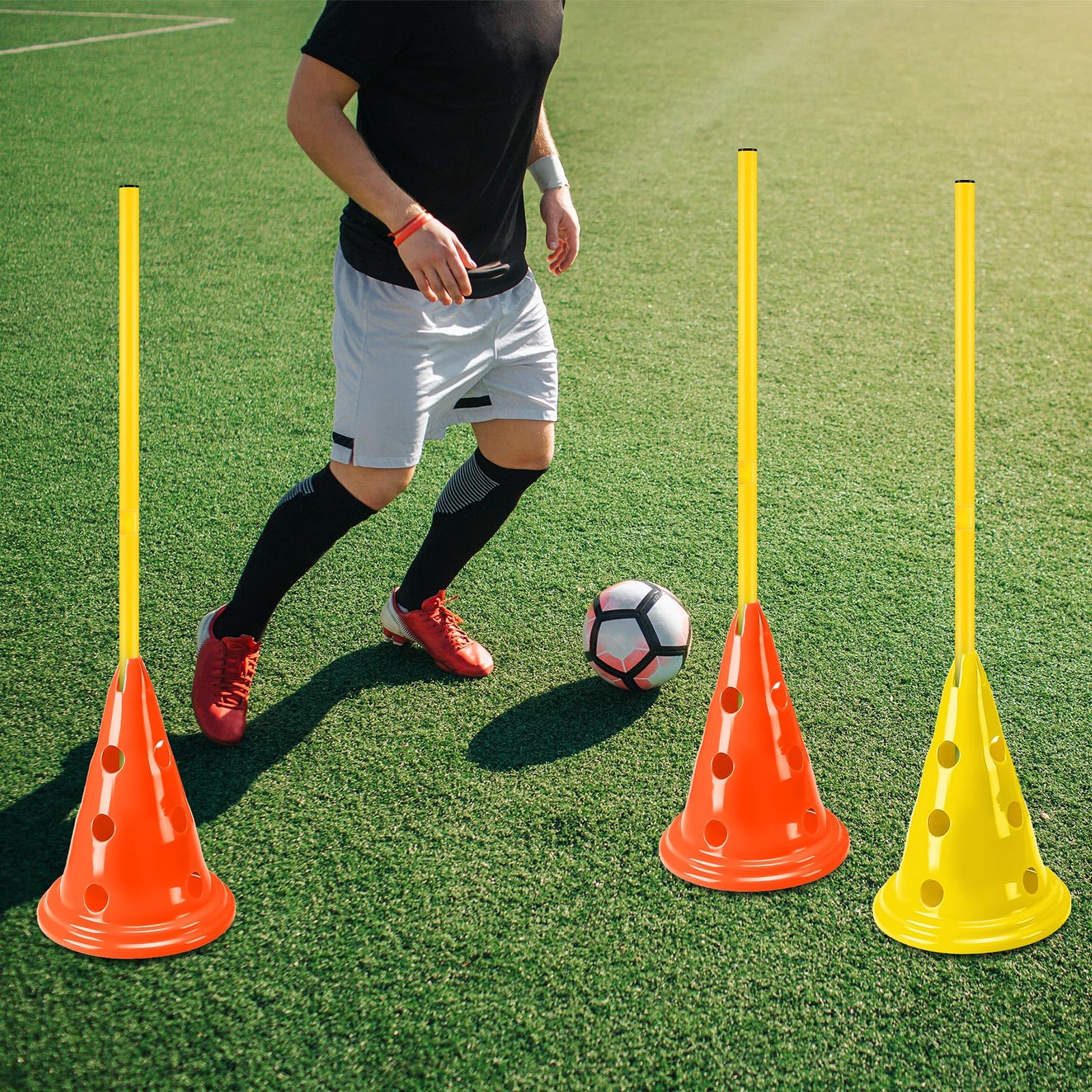 Premium Dog Agility Training Set - 12 Cones & 6 Adjustable Rods for Backyard Obstacle Courses | Professional Pet Exercise Equipment for Outdoor Games & Competition Practice (Yellow)