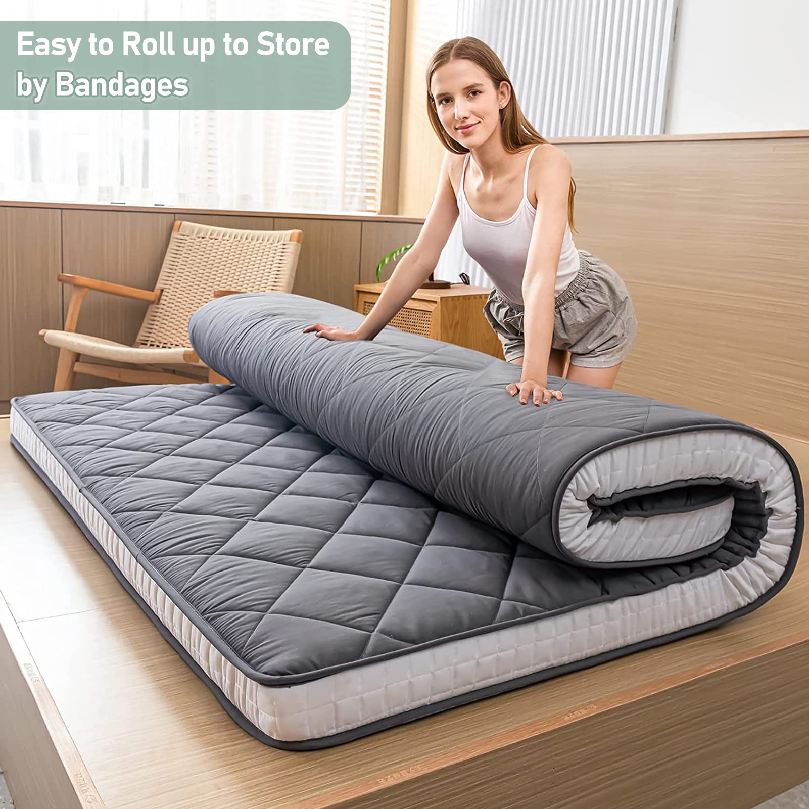 MAXYOYO Japanese Floor Futon Mattress - Full/Queen Size Foldable Floor Bed with Diamond Pattern | Portable Foam Mattress for Adults | Ideal for Guest Rooms, Small Apartments & Camping (Dark Grey)