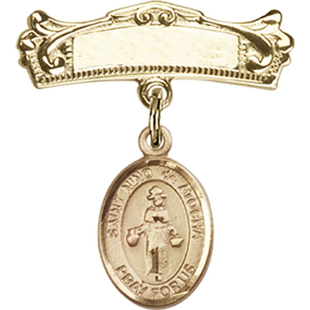 St. Nino de Atocha Gold Filled Baby Badge with Arched Polished Pin - 7/8