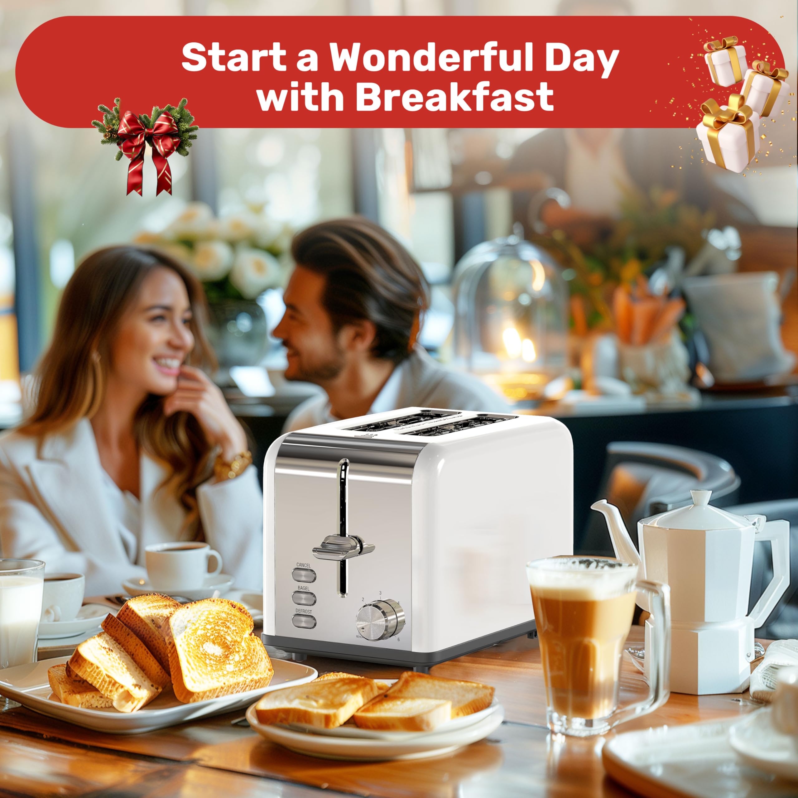 YSSOA 2-Slice Stainless Steel Toaster with Extra Wide Slots - 6 Browning Levels, Bagel/Defrost/Cancel Functions - Removable Crumb Tray - Compact Countertop Toaster for Bread, Bagels, Waffles & Pastries - Perfect for Breakfast, Office or Dorm Room Use - White
