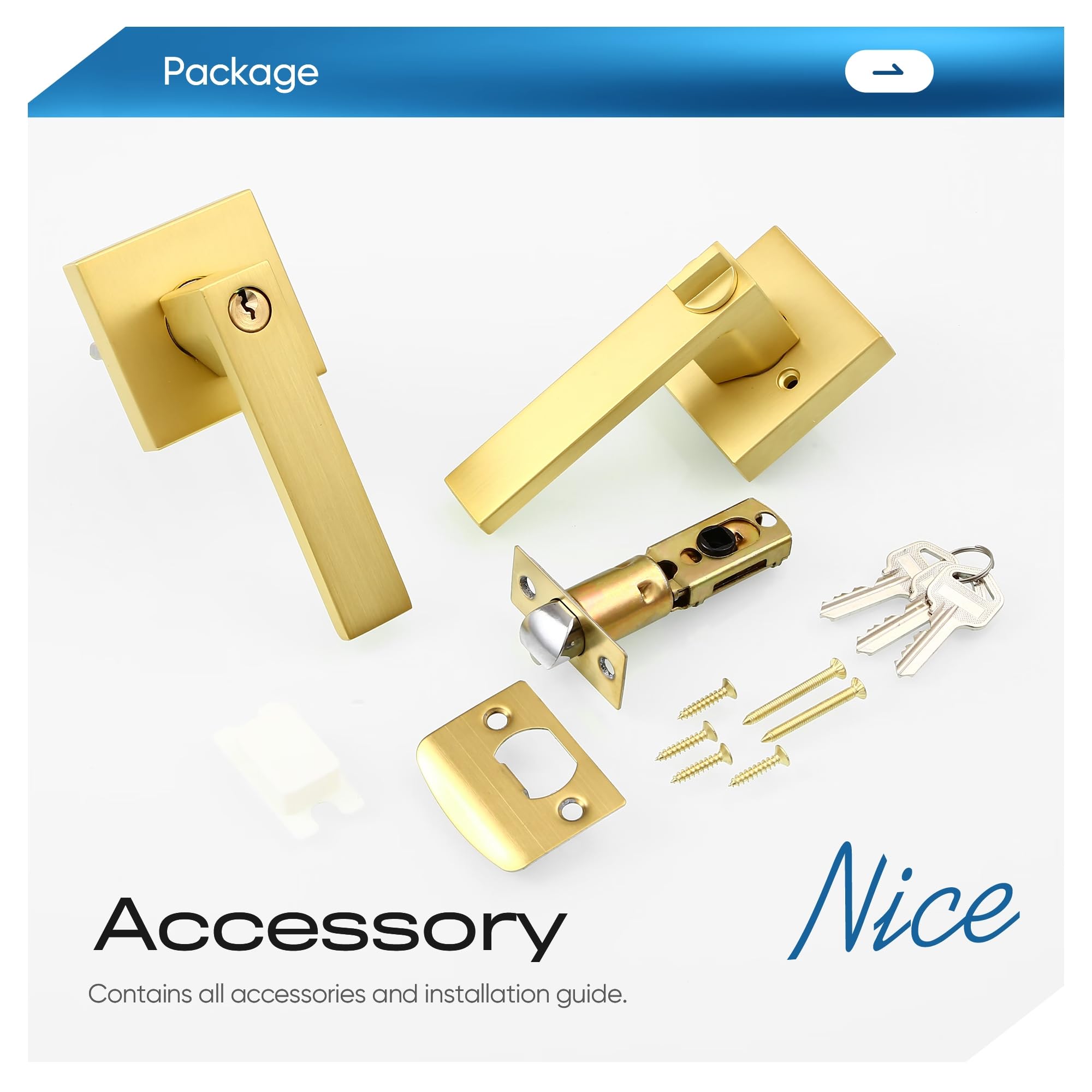 1 Pack Heavy Duty Square Door Lock with Key - Gold/Satin Brass Finish - Reversible Handle for Left/Right Hand (Different Keys) - Ideal for Home, Office & Commercial Security