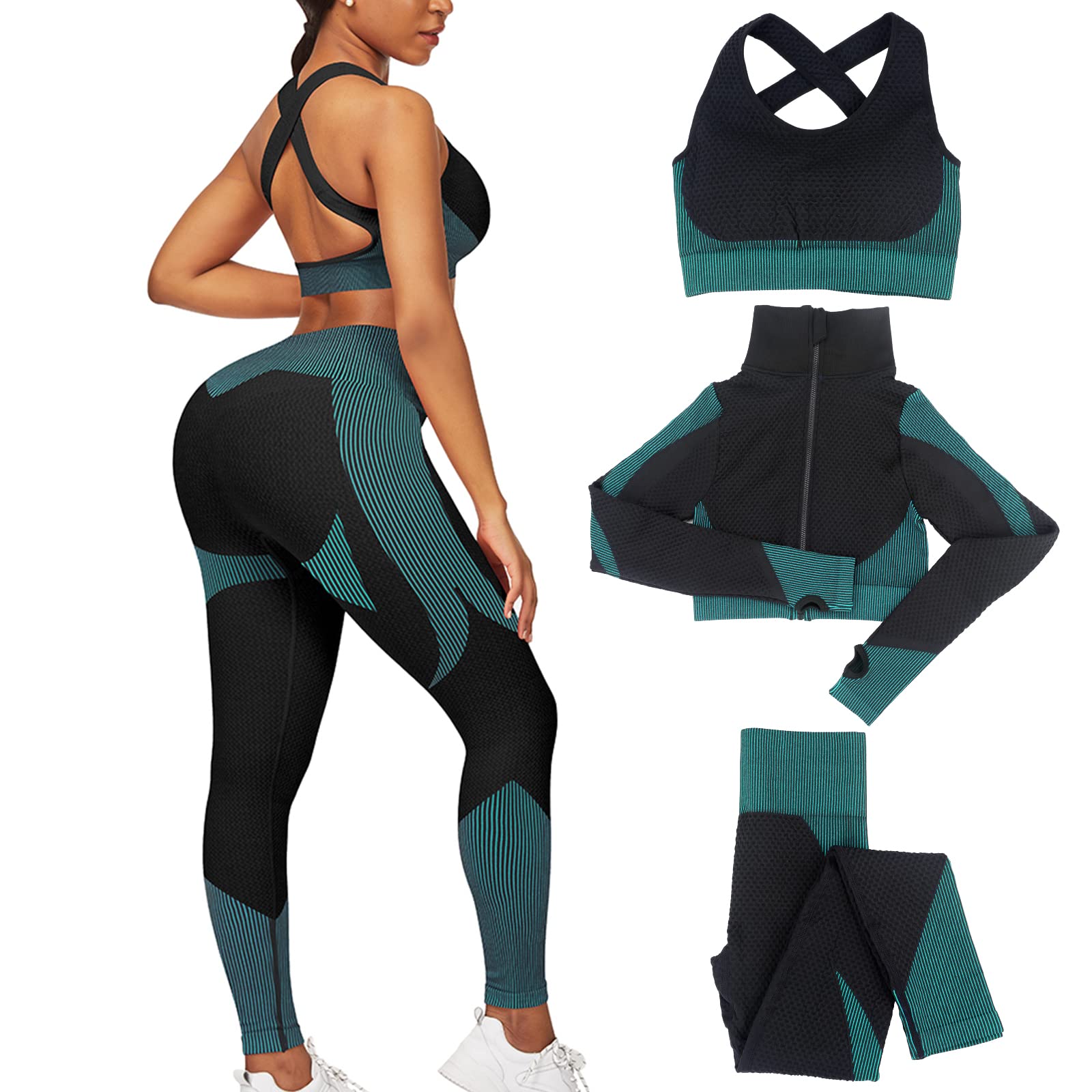 FeelinGirl Women's 3-Piece Seamless Workout Set - High Waist Textured Leggings & Crop Top Gym Outfit for Yoga, Running & Fitness Training