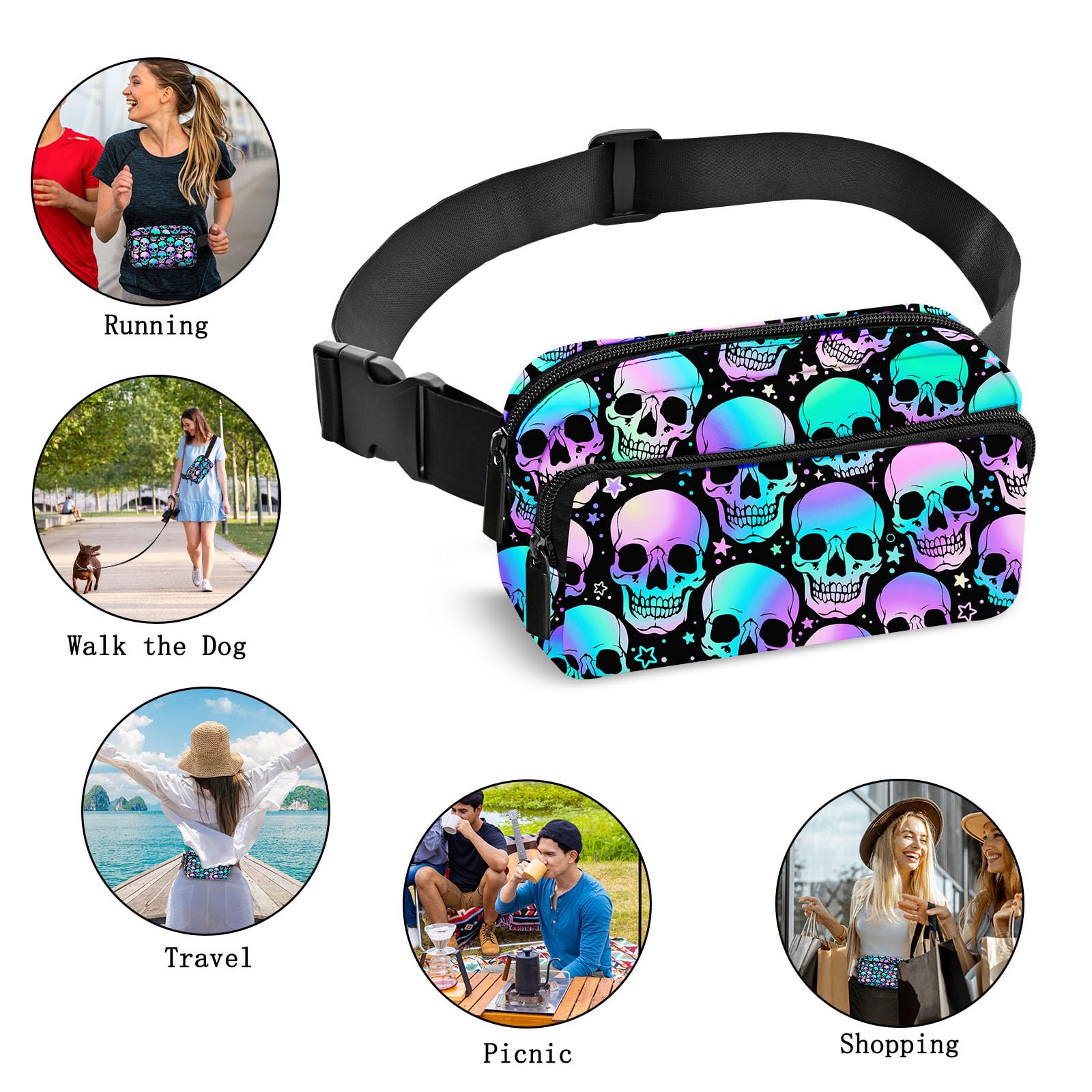 Skull Fanny Pack for Women - Adjustable Waist Belt Bag for Travel, Hiking, Running & Walking - Stylish & Convenient Storage for Essentials - Perfect for Outdoor Adventures & Daily Use