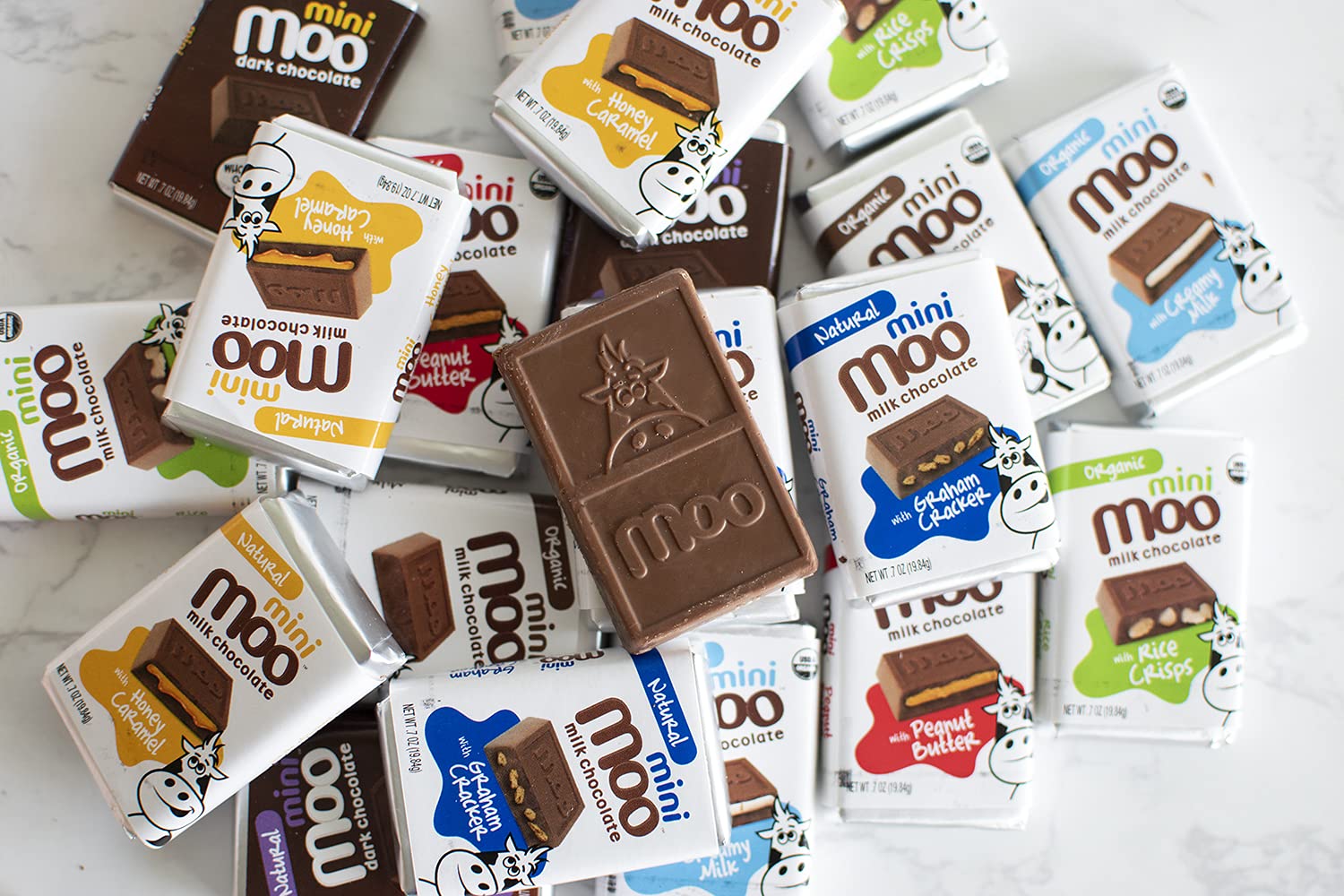 **Moo Chocolates All Natural Milk Chocolate Mini Bars with Honey Caramel – 0.7 oz, 14 Count (Pack of 1) | 70 Calorie Healthy Snacks for On-the-Go, Lunchboxes, Office, Travel & Gifts**