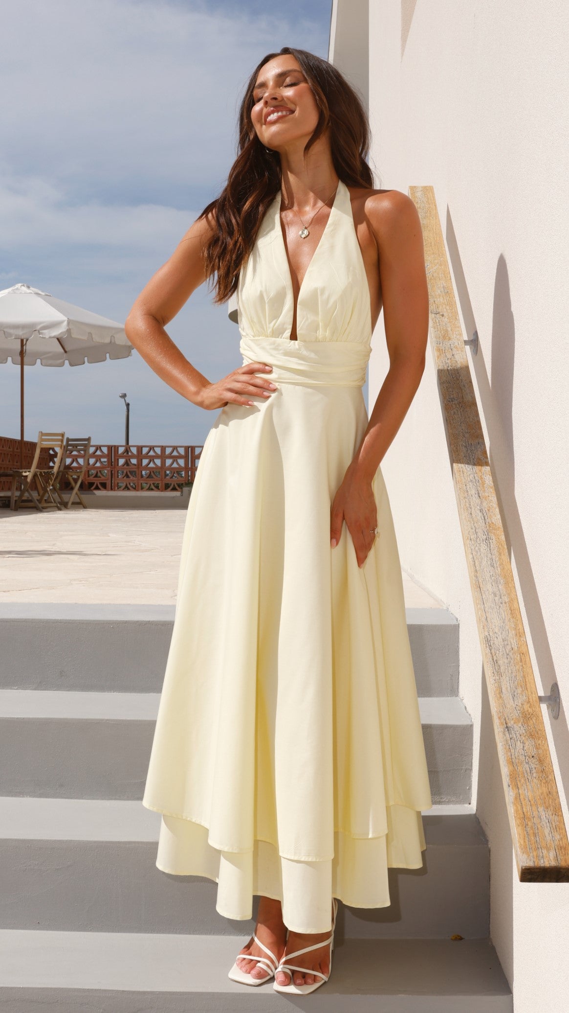 Elegant Kathy Halter Neck Maxi Dress in Lemon Yellow - Perfect for Summer Beach Vacations, Weddings & Date Nights