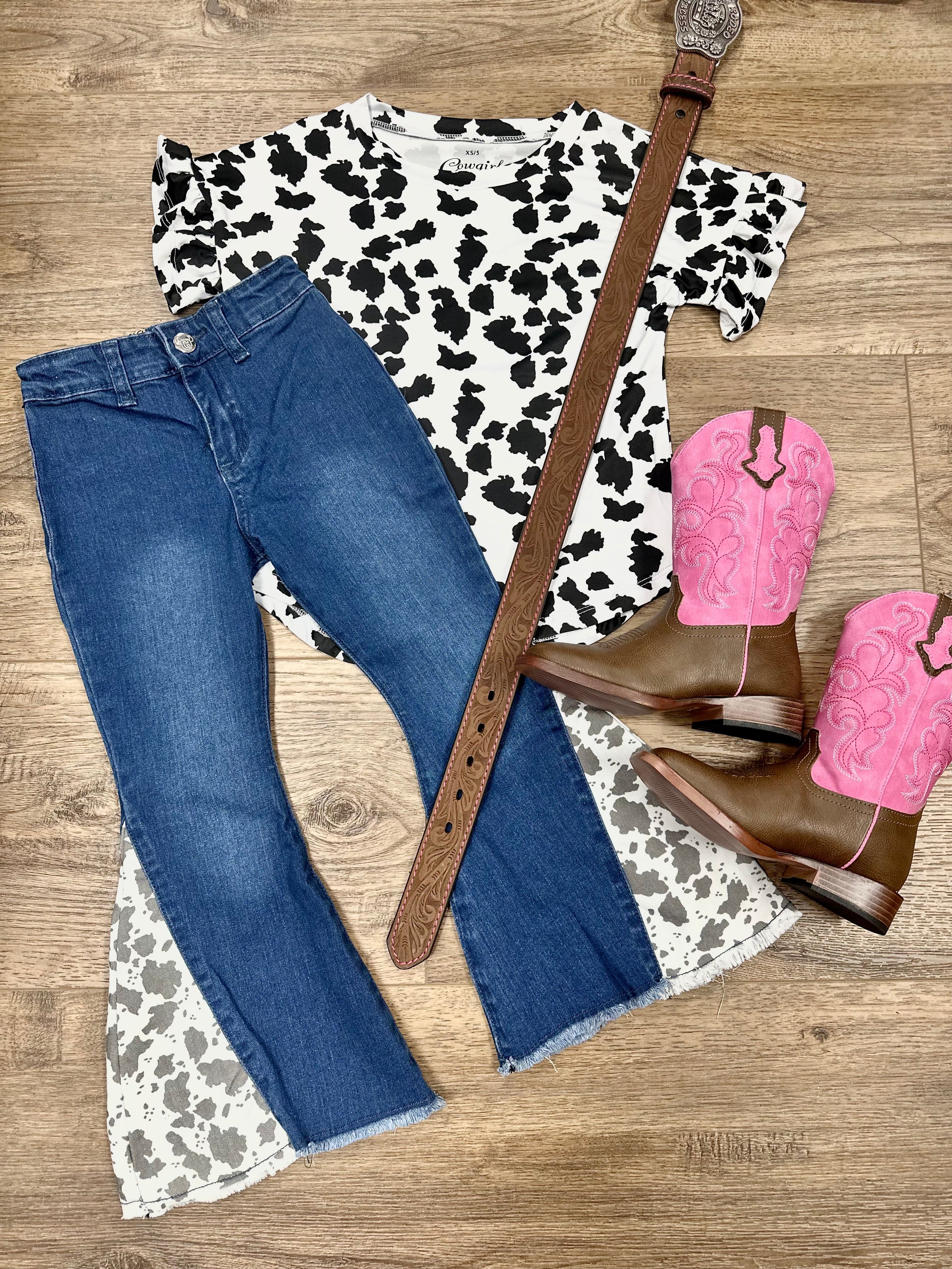 Cow Print Bell Bottom Pants for Women - Trendy High Waist Flared Jeans for Retro & Boho Fashion Outfits | Perfect for Parties, Concerts & 70s Theme Events