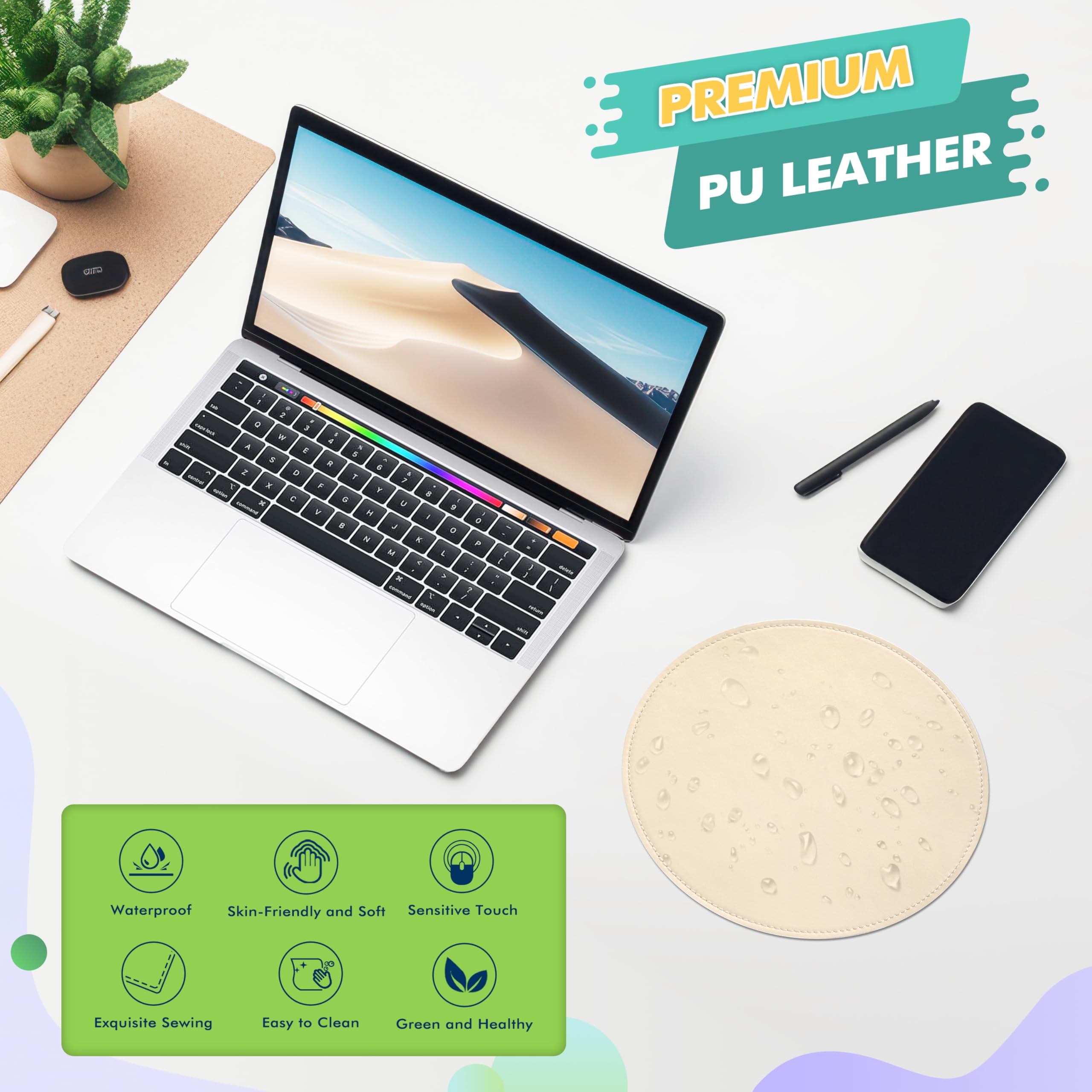 Premium Round PU Leather Mouse Pad with Stitched Edge & Non-Slip Micro-Fiber Base - Waterproof Computer & Laptop Mouse Mat (9x9 Inch, Milky White) - Ideal for Office, Gaming & Home Workspace Setup
