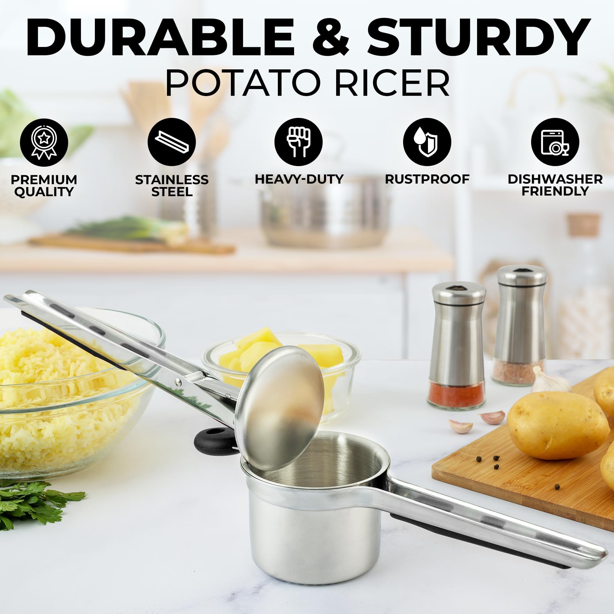 Zulay Kitchen Premium 15oz Stainless Steel Potato Ricer & Masher - Heavy Duty Professional Kitchen Tool for Smooth Mashed Potatoes, Baby Food & Purees - Silver/Black