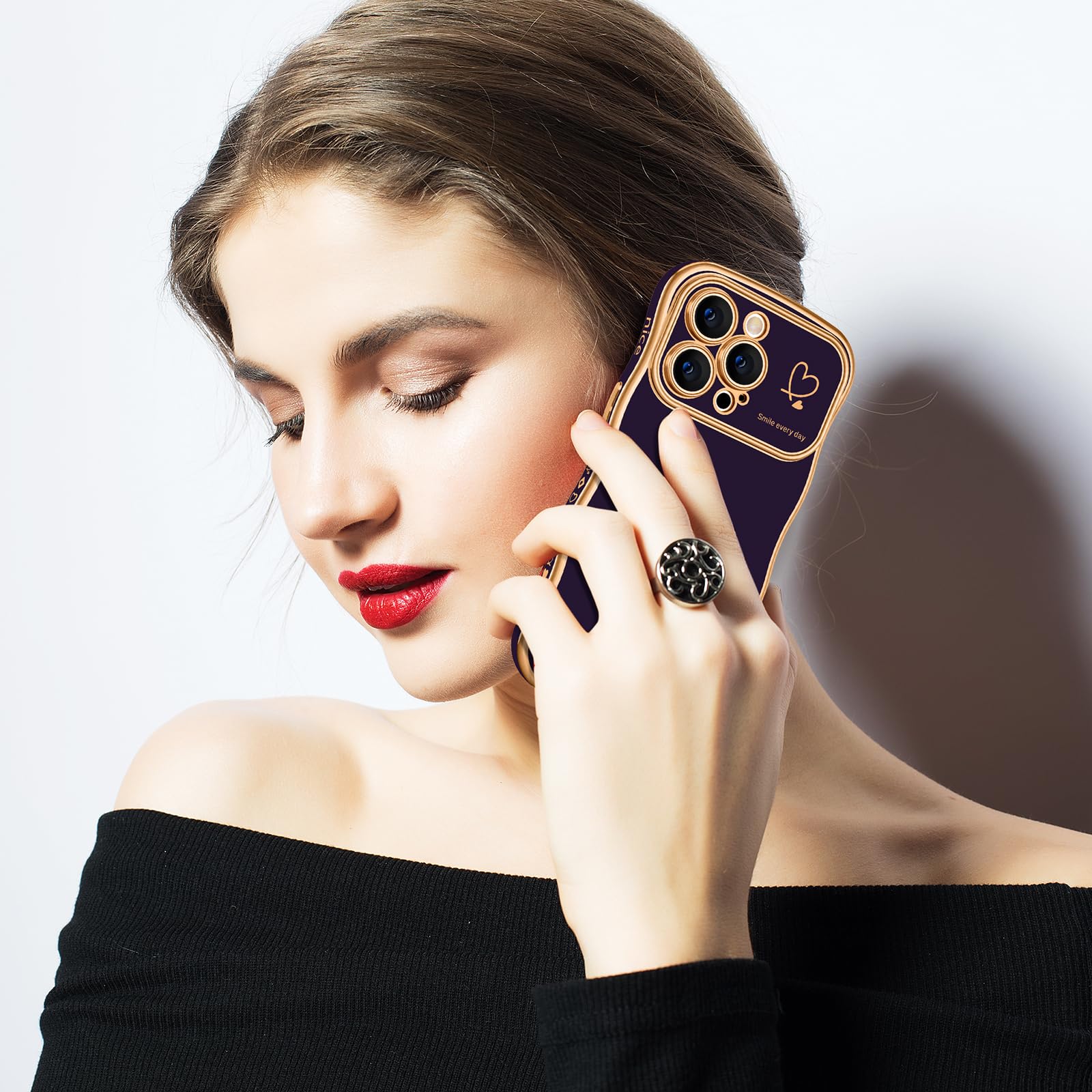 Hython iPhone 13 Pro Max Case - Luxury Wavy Wave Design with Heart Accent, Slim Thin Soft TPU Rubber Shockproof Protective Cover for Women & Girls (Dark Purple) - Perfect for Daily Use, Travel, and Gift Giving