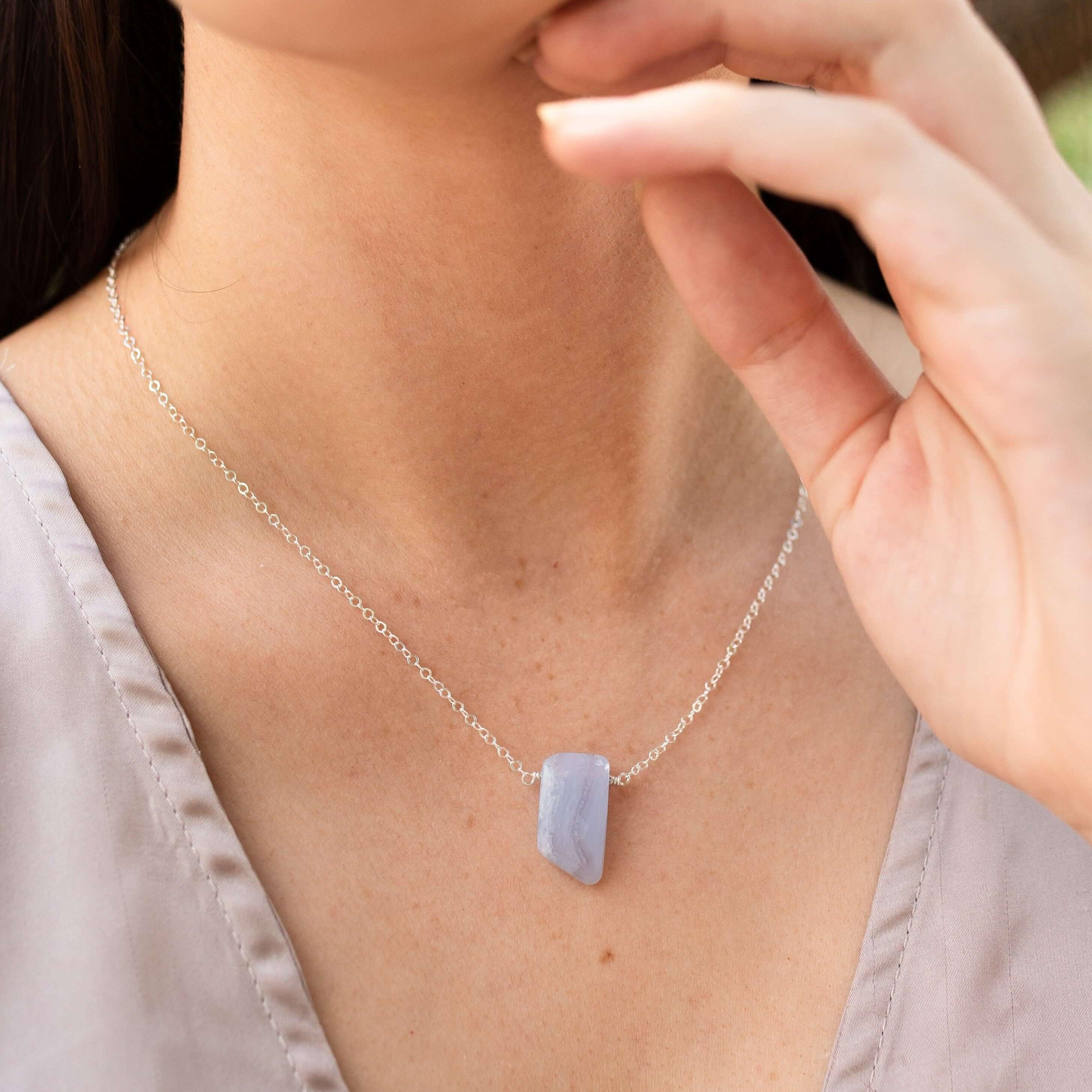 Blue Lace Agate Pendant Necklace - Natural Smooth Stone Jewelry for Women, Healing Crystal Gift for Meditation & Spiritual Energy
